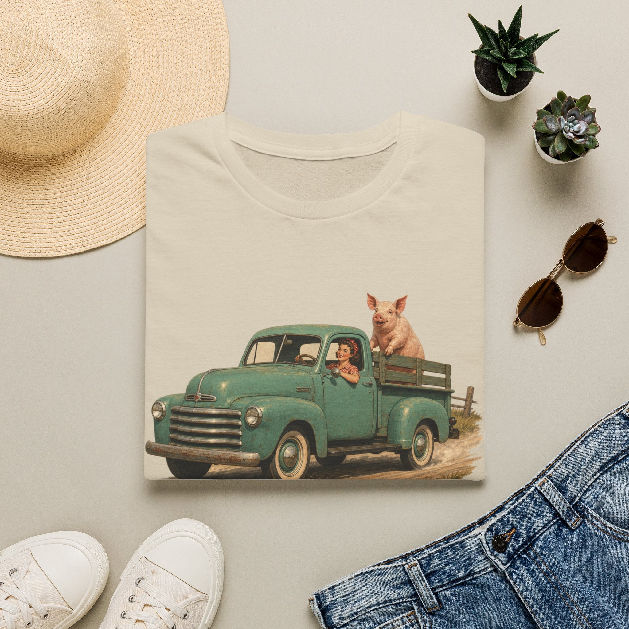 Classic Farm Truck T‑Shirt — Vintage Green Pickup with Pig Graphic
