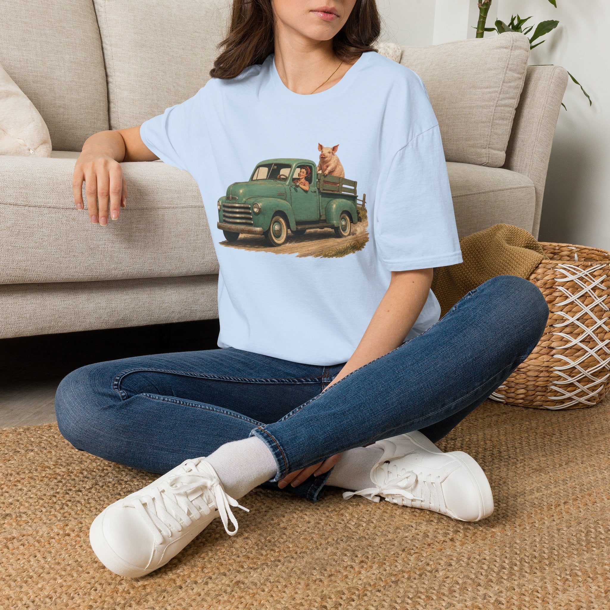 Classic Farm Truck T‑Shirt — Vintage Green Pickup with Pig Graphic