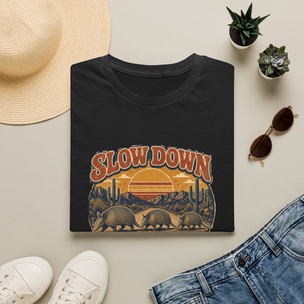 Slow Down Armadillo Crossing T-Shirt — Retro Desert Wildlife Graphic Tee