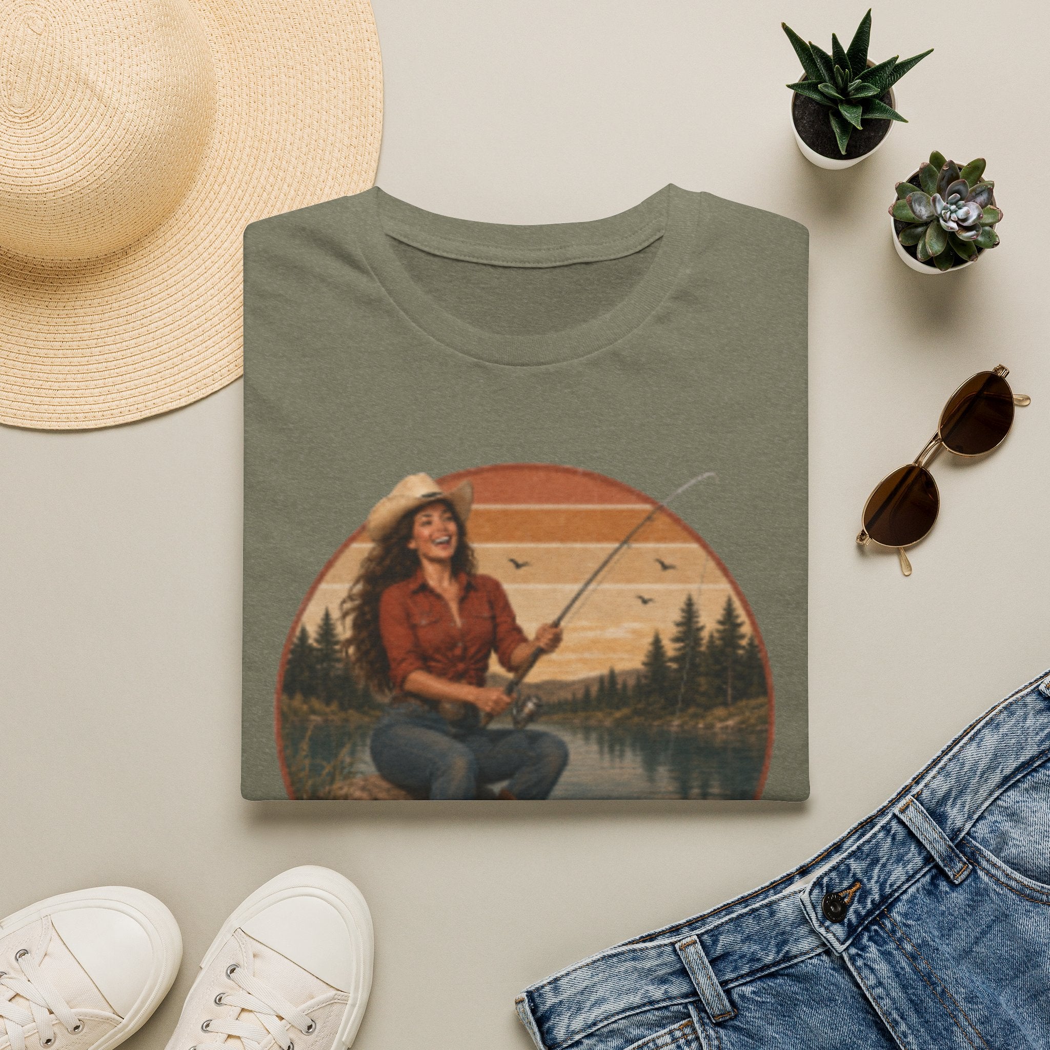 Fishing Graphic T‑Shirt — "Hook Em" Retro Outdoorswoman Tee