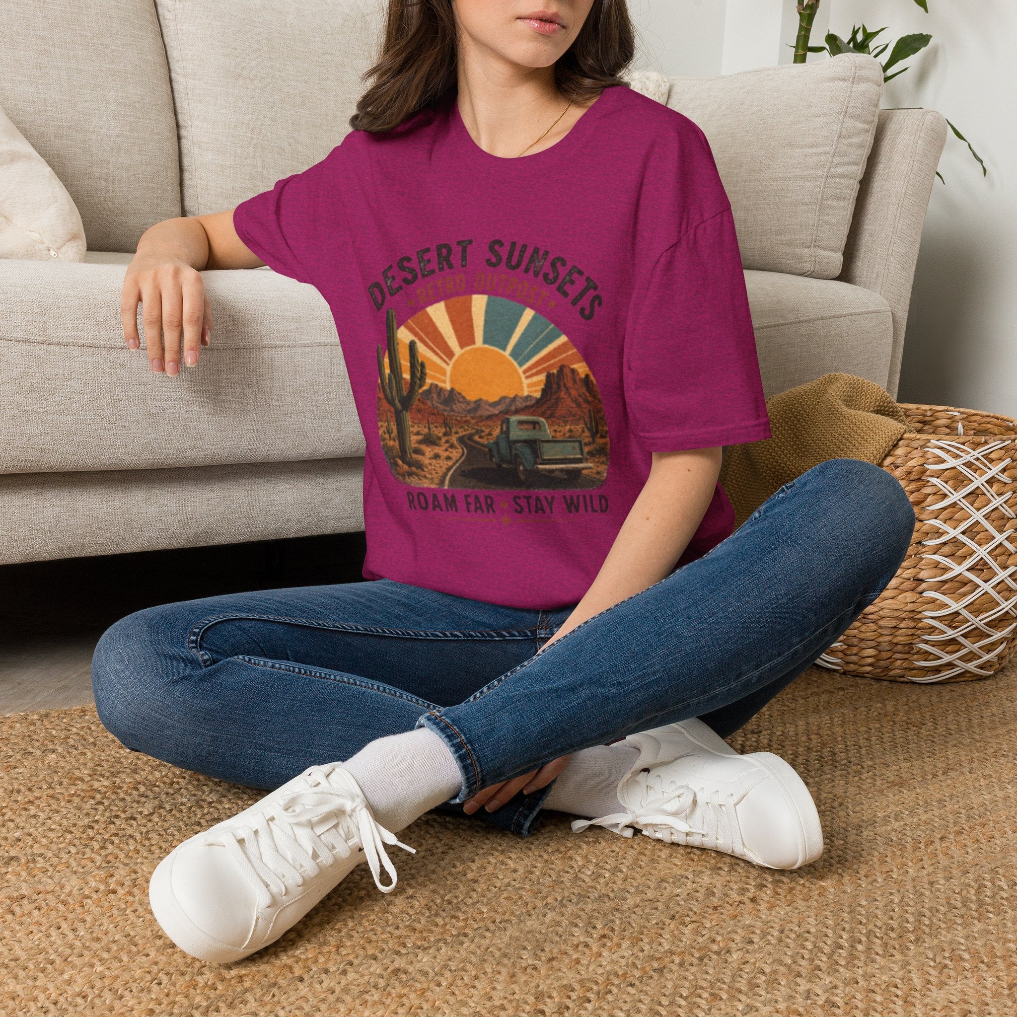 Desert Sunsets T-Shirt — Retro Outpost 'Roam Far • Stay Wild' Graphic Tee