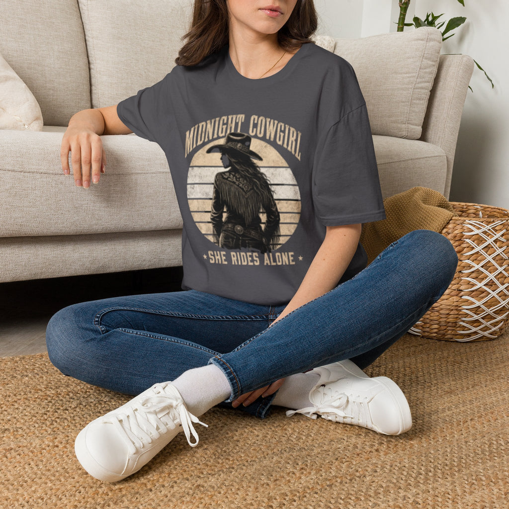 Midnight Cowgirl T‑Shirt — 'She Rides Alone' Western Graphic Tee