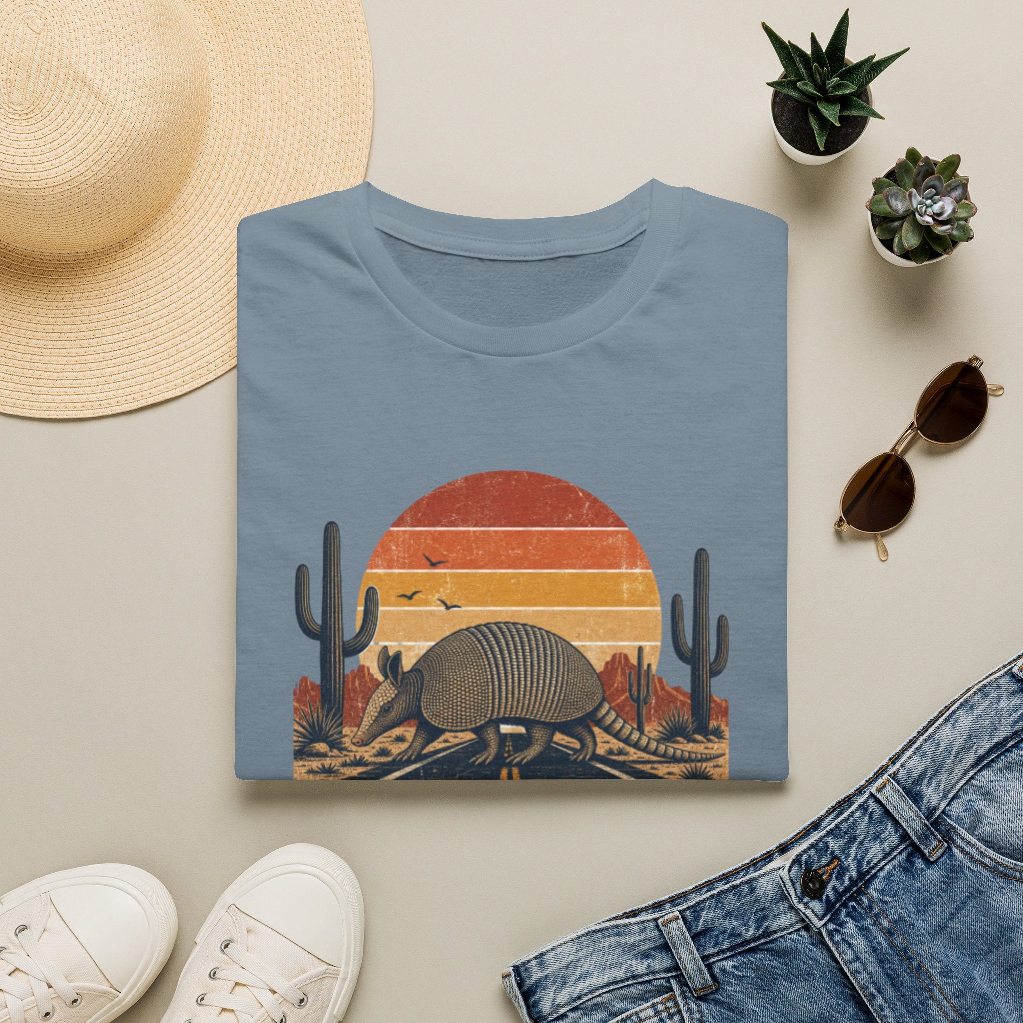 Texas Traveler Armadillo T-Shirt — Retro Desert Sunset Graphic