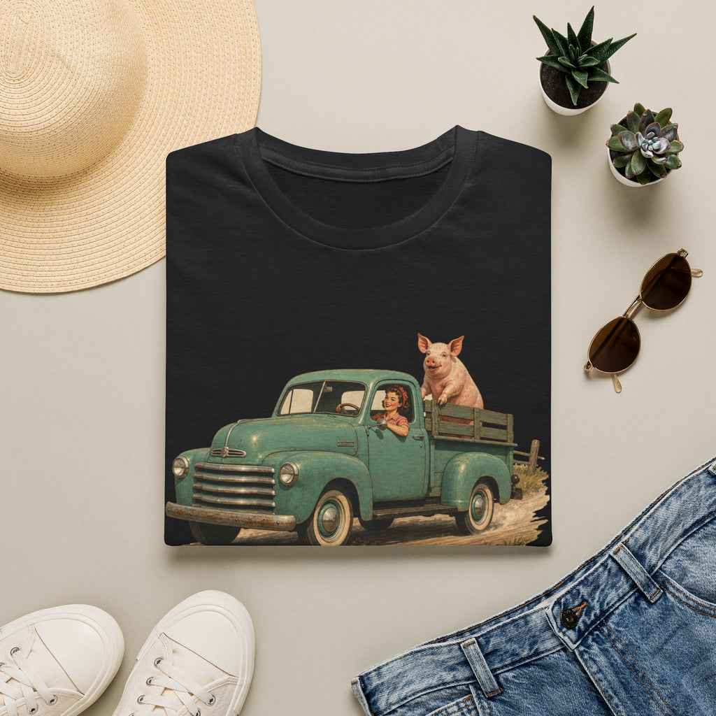 Classic Farm Truck T‑Shirt — Vintage Green Pickup with Pig Graphic
