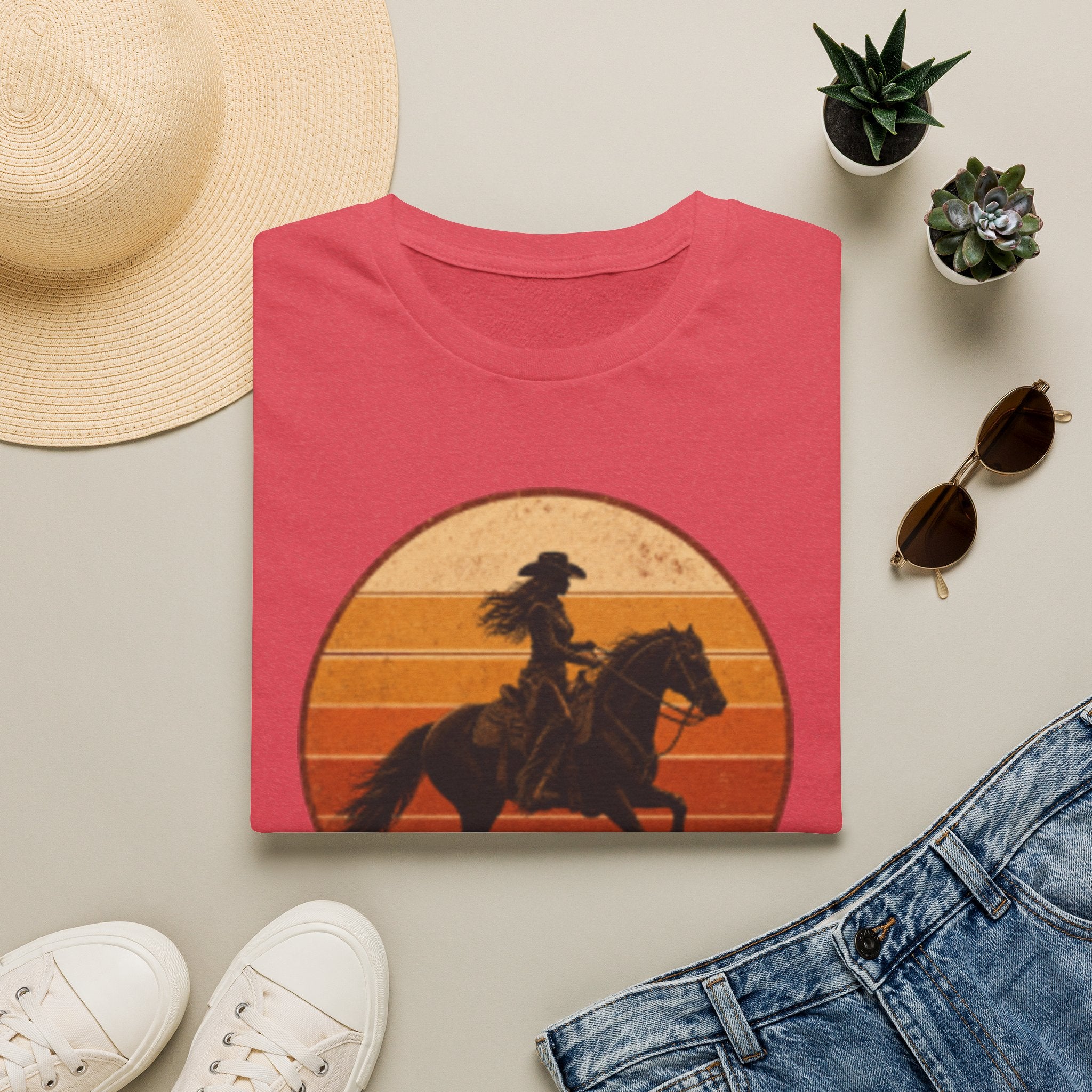 Cowgirl Silhouette T-Shirt — Retro Sunset Horse Riding Tee
