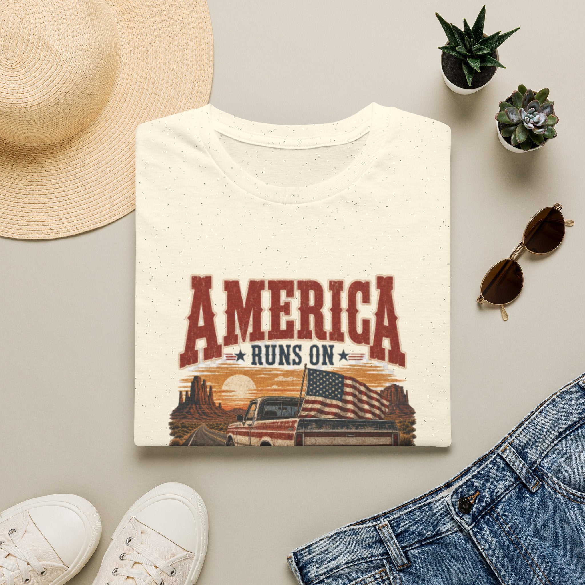 T-Shirt — "America Runs On Country" Vintage Flag & Pickup Graphic