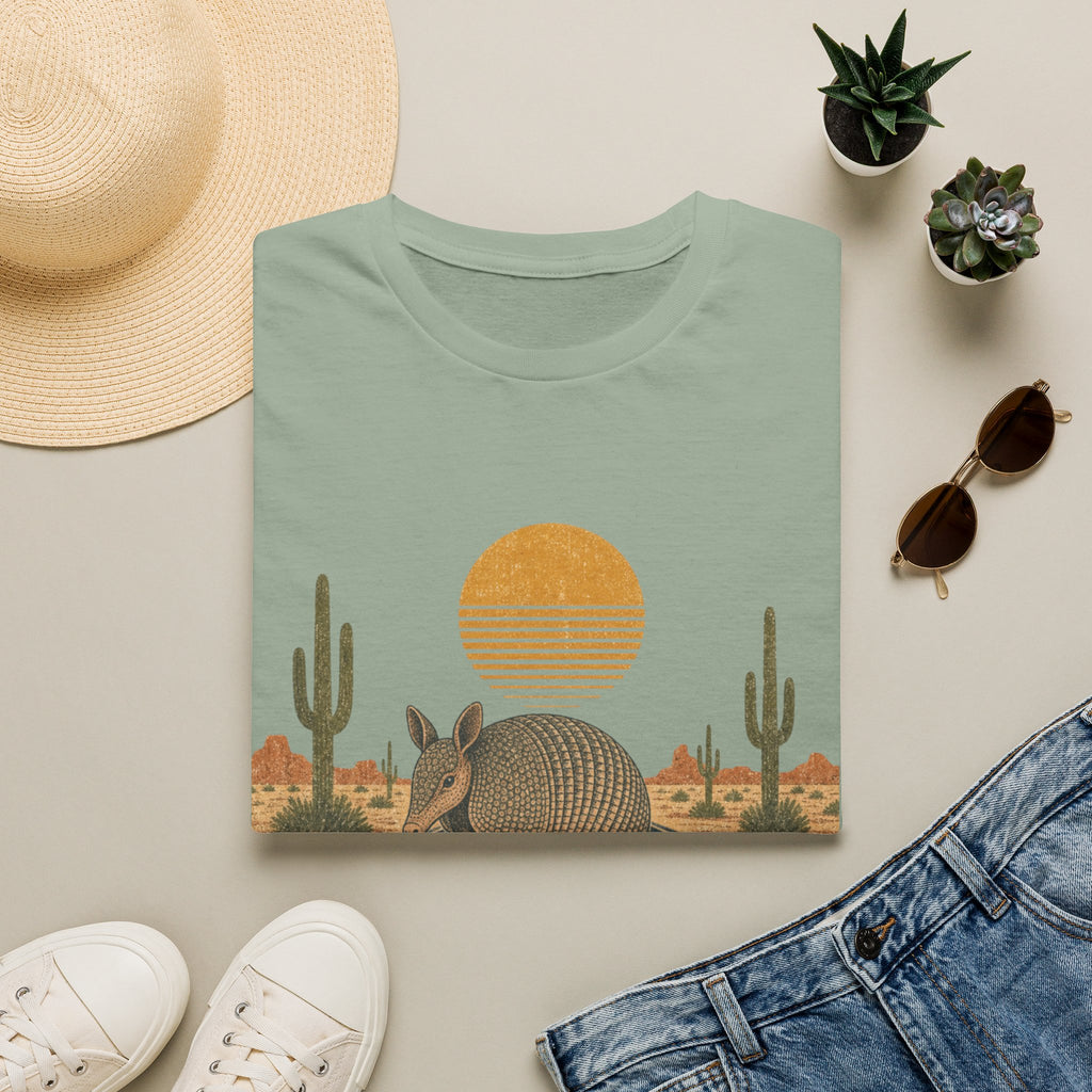Armadillo Desert Sunset T-Shirt — Retro Cactus Road Wildlife Tee