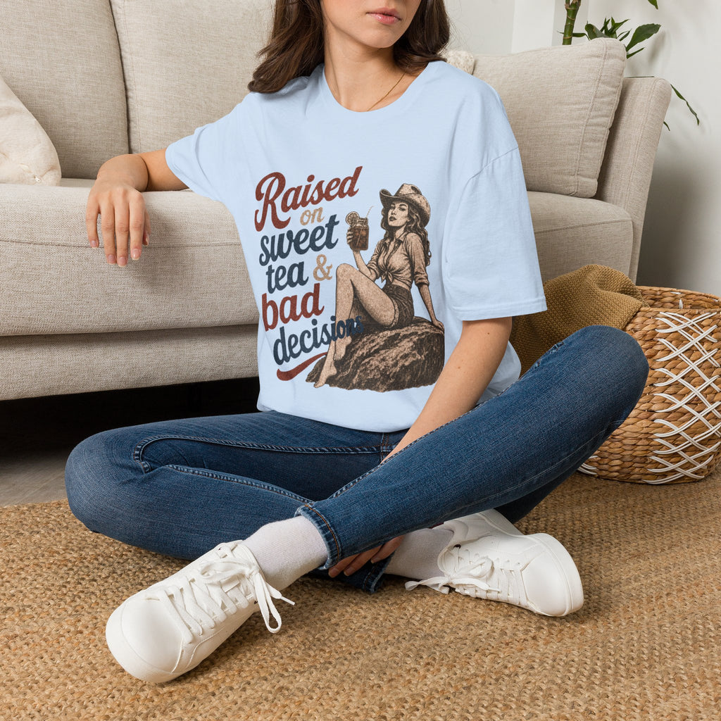 Raised on Sweet Tea & Bad Decisions T-Shirt — Southern Cowgirl Retro Graphic Tee