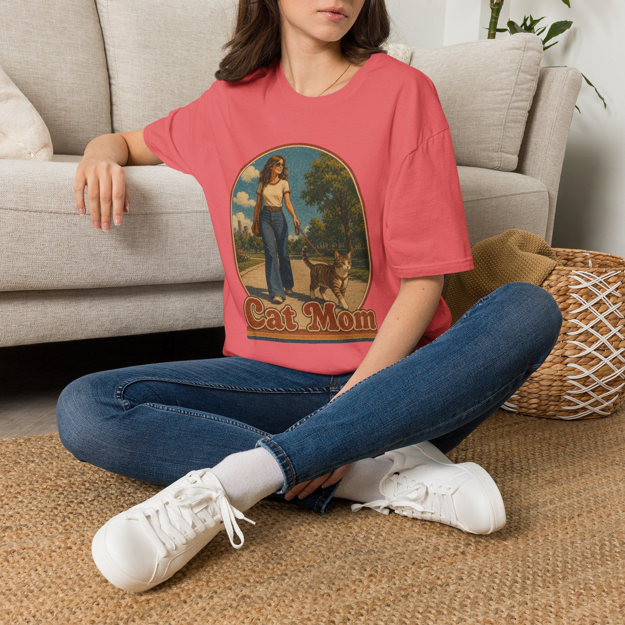Retro 'Cat Mom' T-Shirt — Vintage Woman & Cat Graphic