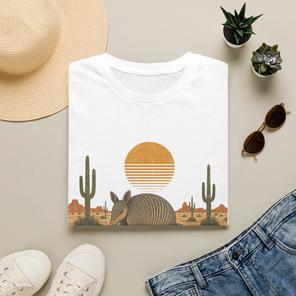 Armadillo Desert Sunset T-Shirt — Retro Cactus Road Wildlife Tee