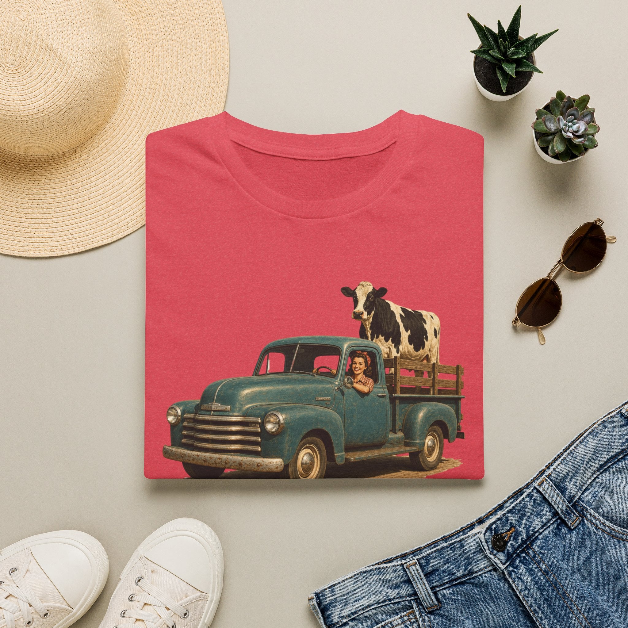 Vintage Farm Truck T-Shirt – Retro Pickup with Cow Graphic