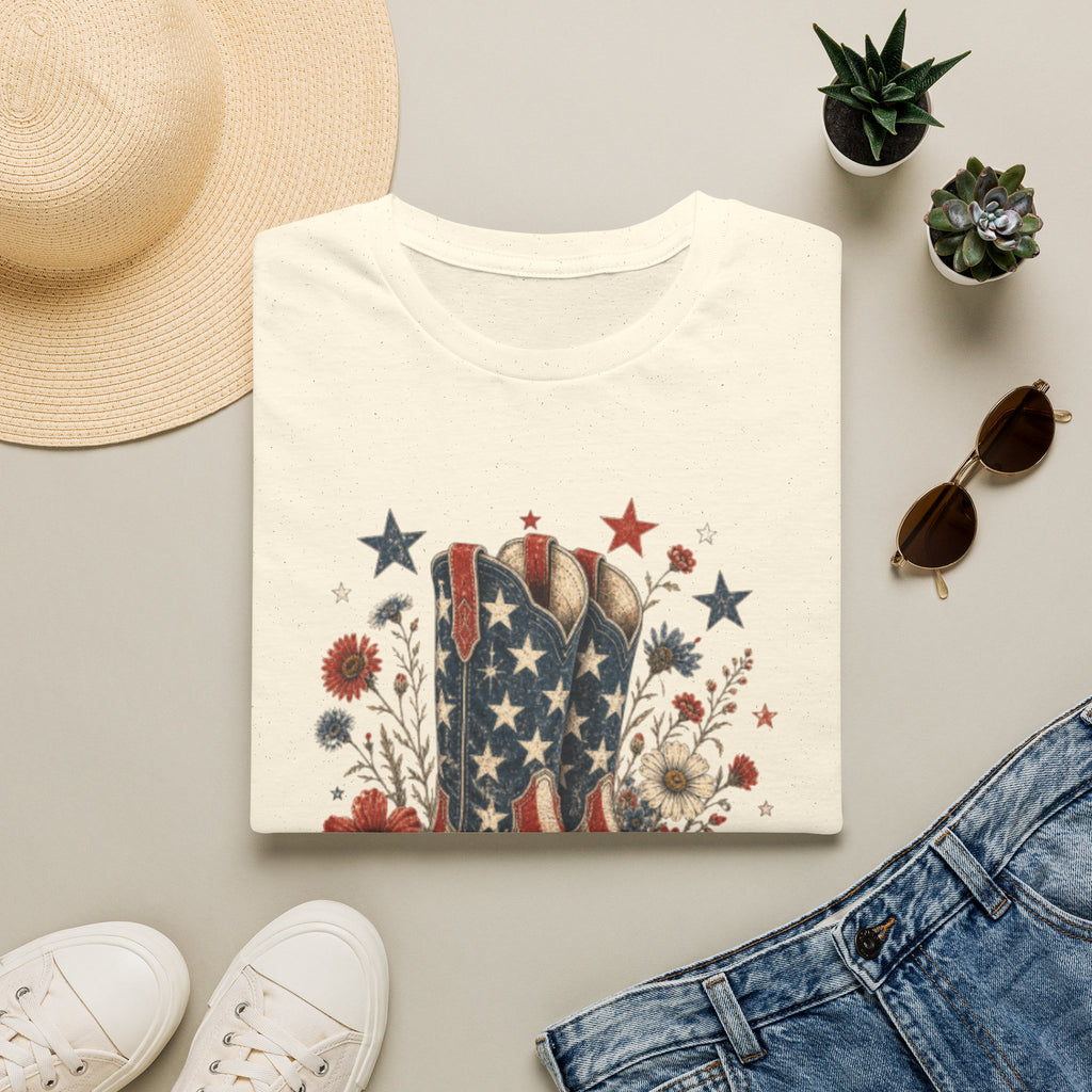 Cowboy Boot Tee — Americana Flag Floral Graphic T-Shirt