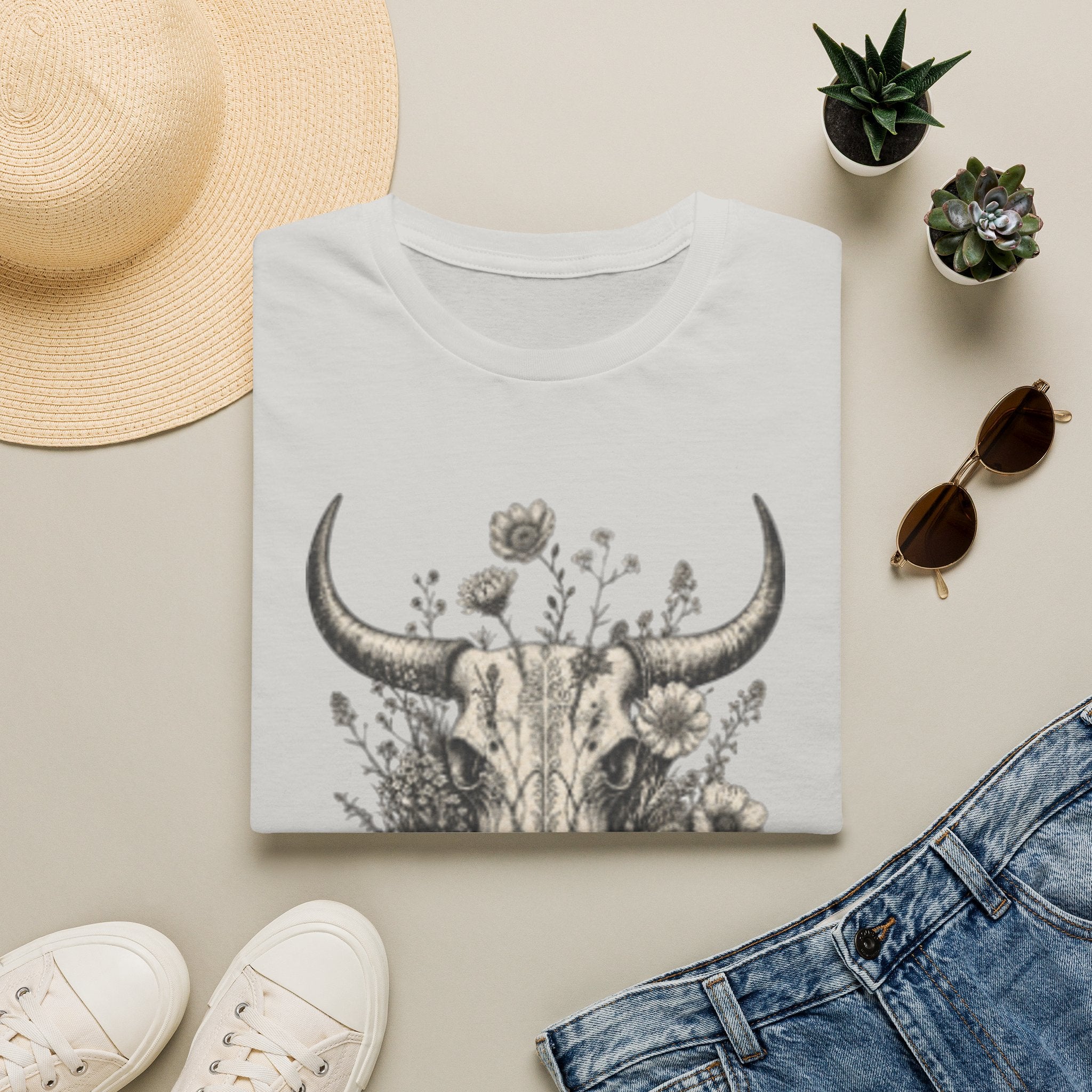 Bull Skull Floral T-Shirt — "Wild and Free" Boho Western Tee