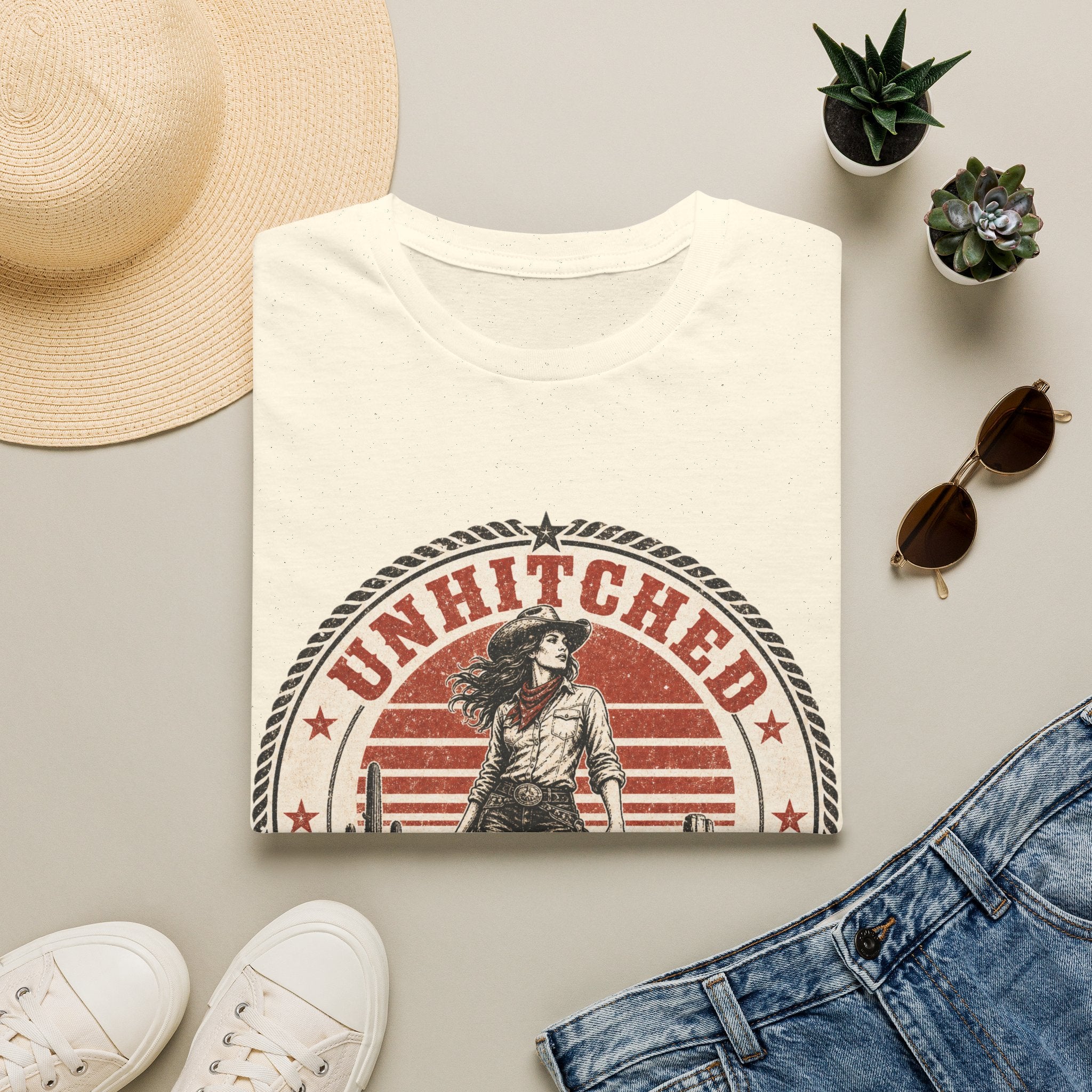 Unhitched Vintage Cowgirl T‑Shirt – “Unhitched & Untamable” Retro Western Graphic Tee