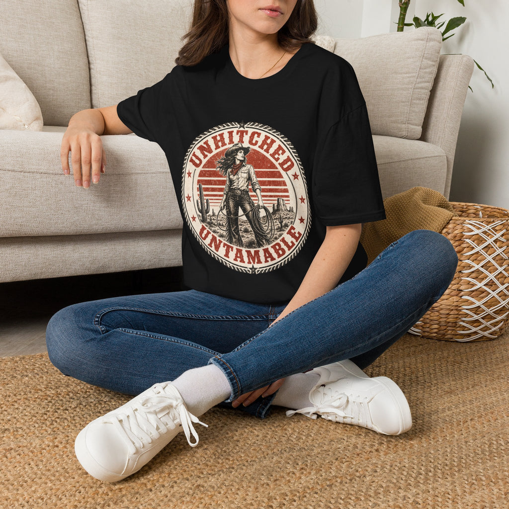 Unhitched Vintage Cowgirl T‑Shirt – “Unhitched & Untamable” Retro Western Graphic Tee