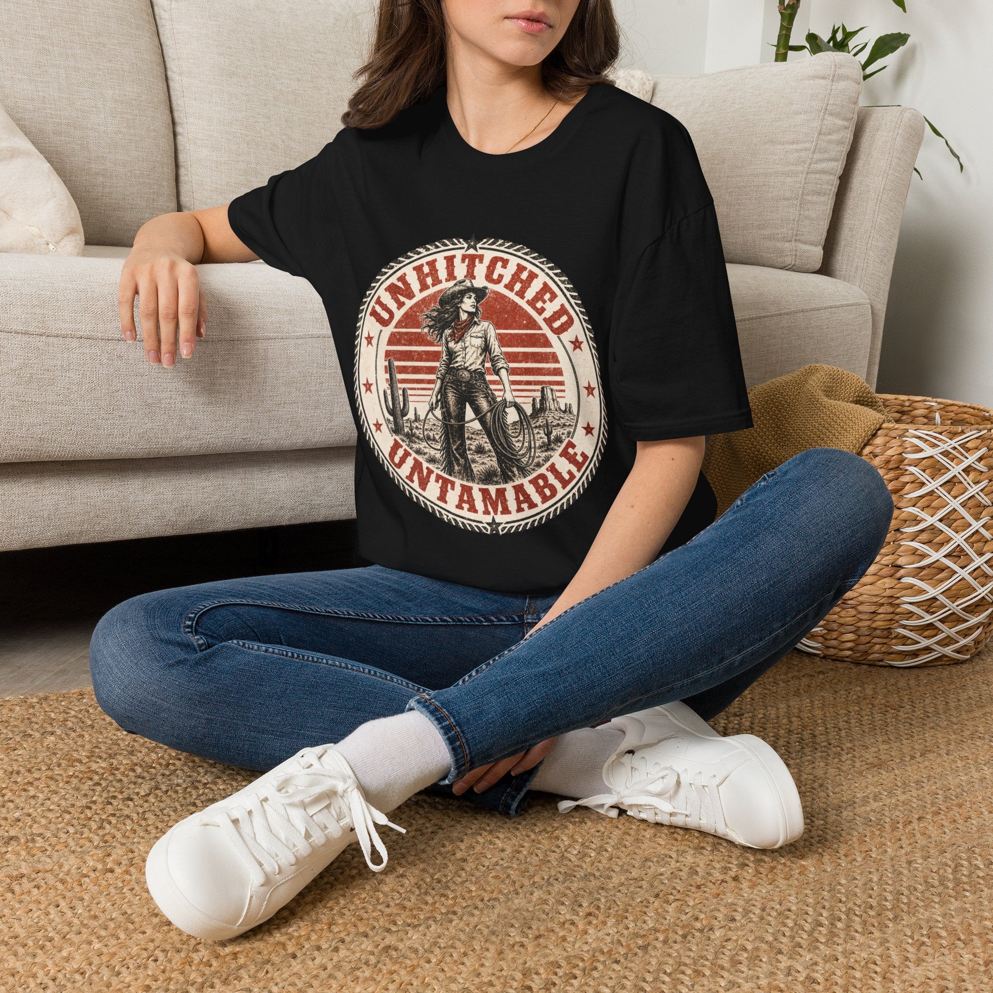 Unhitched Vintage Cowgirl T‑Shirt – “Unhitched & Untamable” Retro Western Graphic Tee