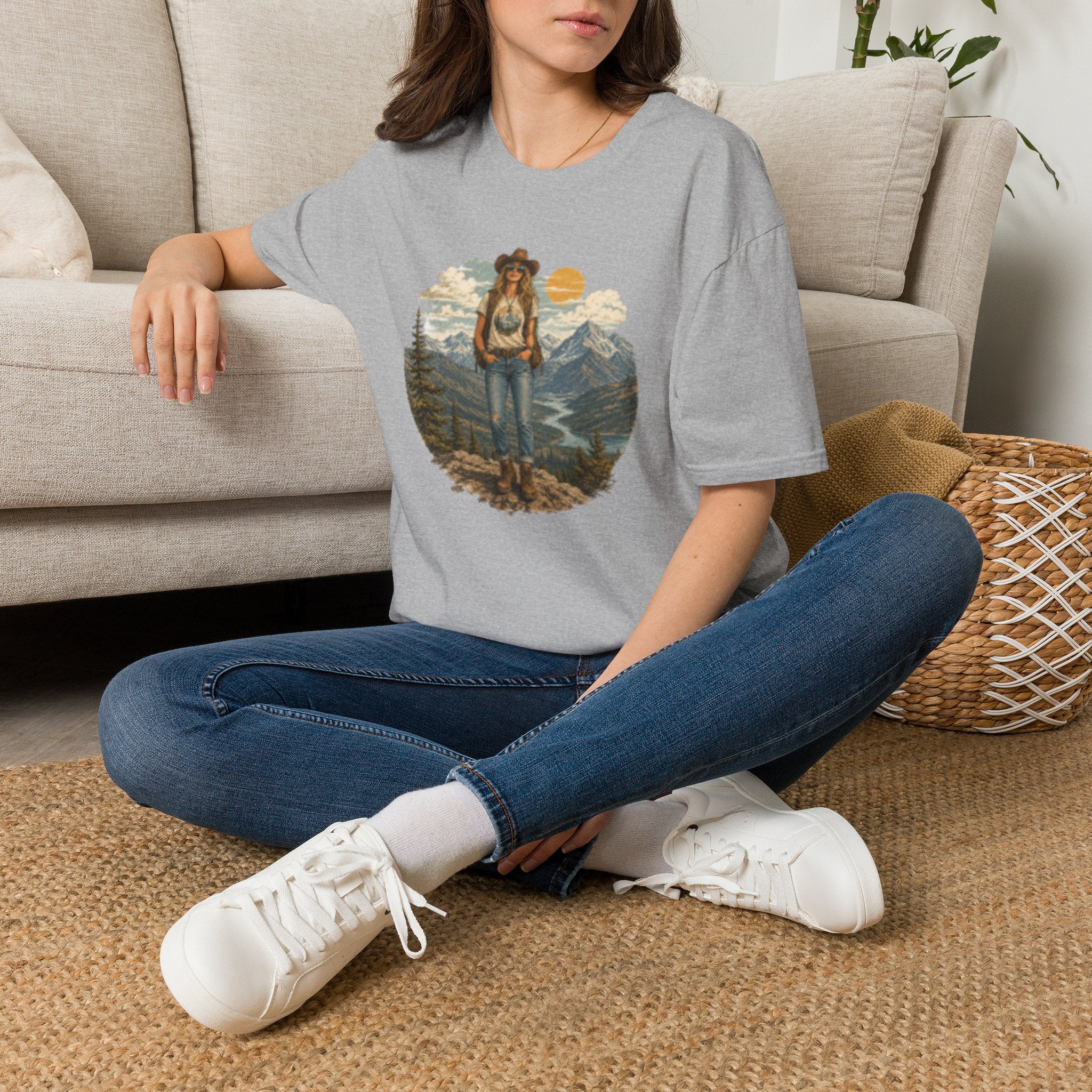 Cowgirl Mountain Adventure T‑Shirt — Vintage Sunset Hiker Graphic