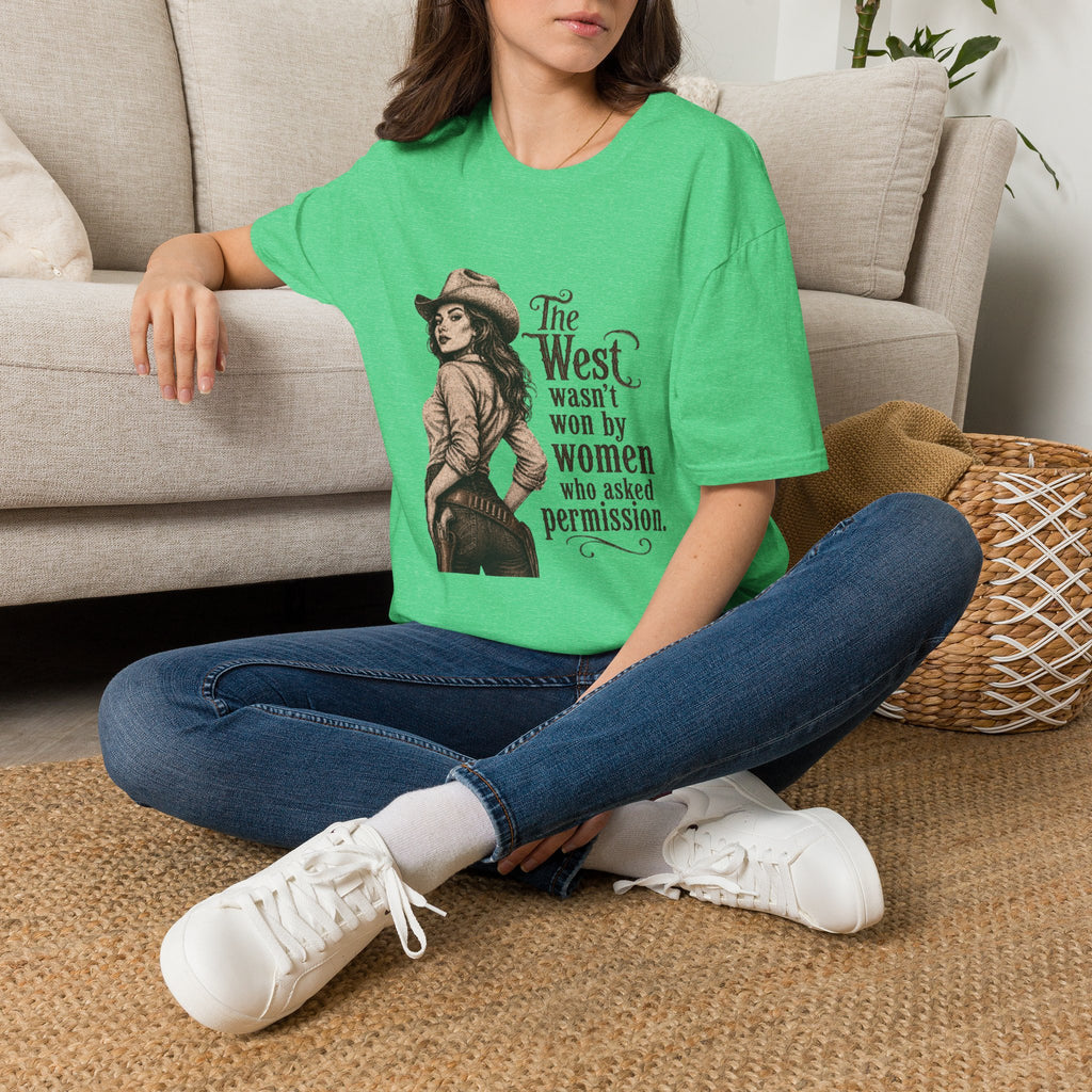 T‑Shirt — “The West Wasn’t Won by Women Who Asked Permission” Vintage Cowgirl Graphic