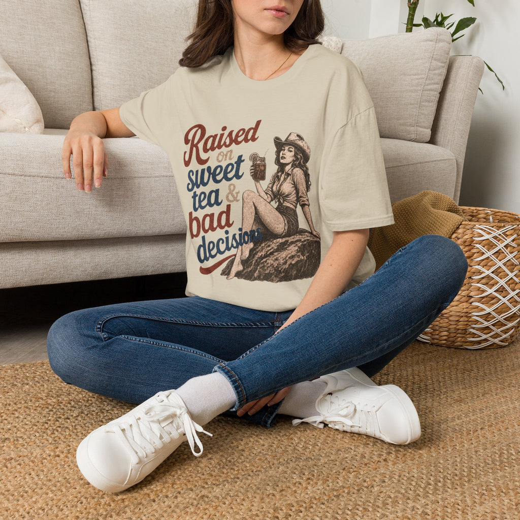 Raised on Sweet Tea & Bad Decisions T-Shirt — Southern Cowgirl Retro Graphic Tee