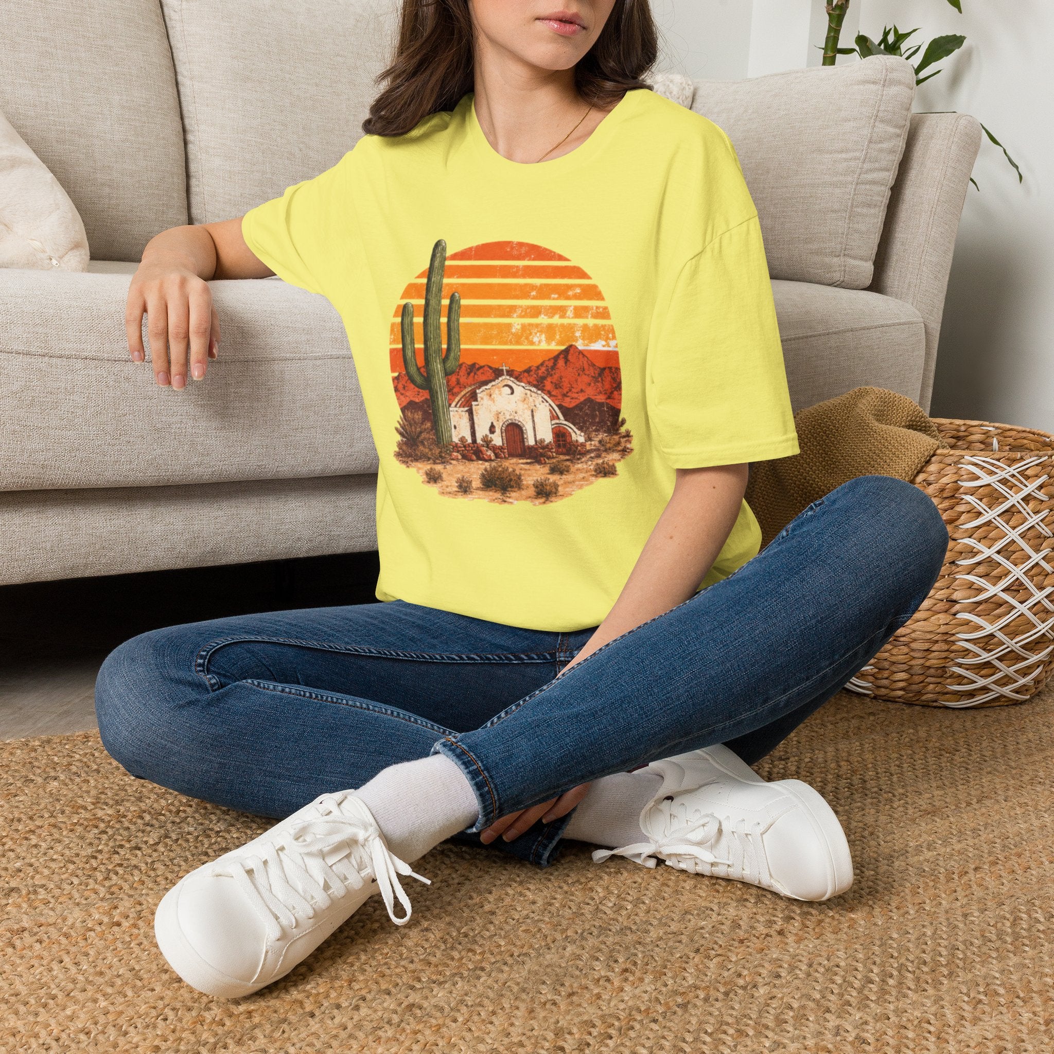 Desert Sunset T‑Shirt — Vintage Cactus & Adobe House Graphic