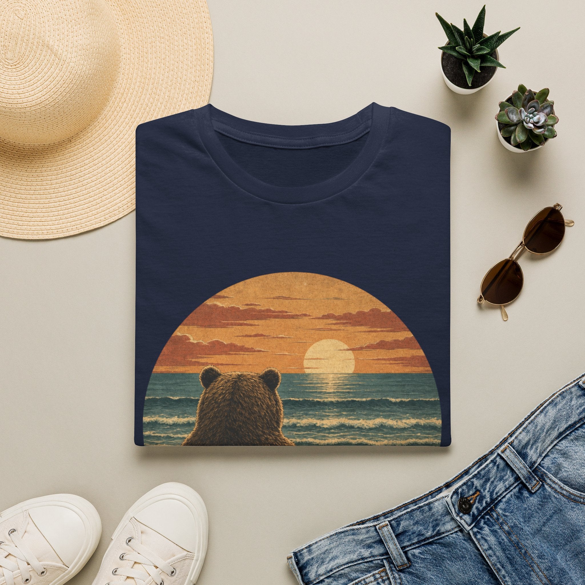 Bear Watching Sunset T‑Shirt — Retro Ocean Sunset Bear Graphic Tee
