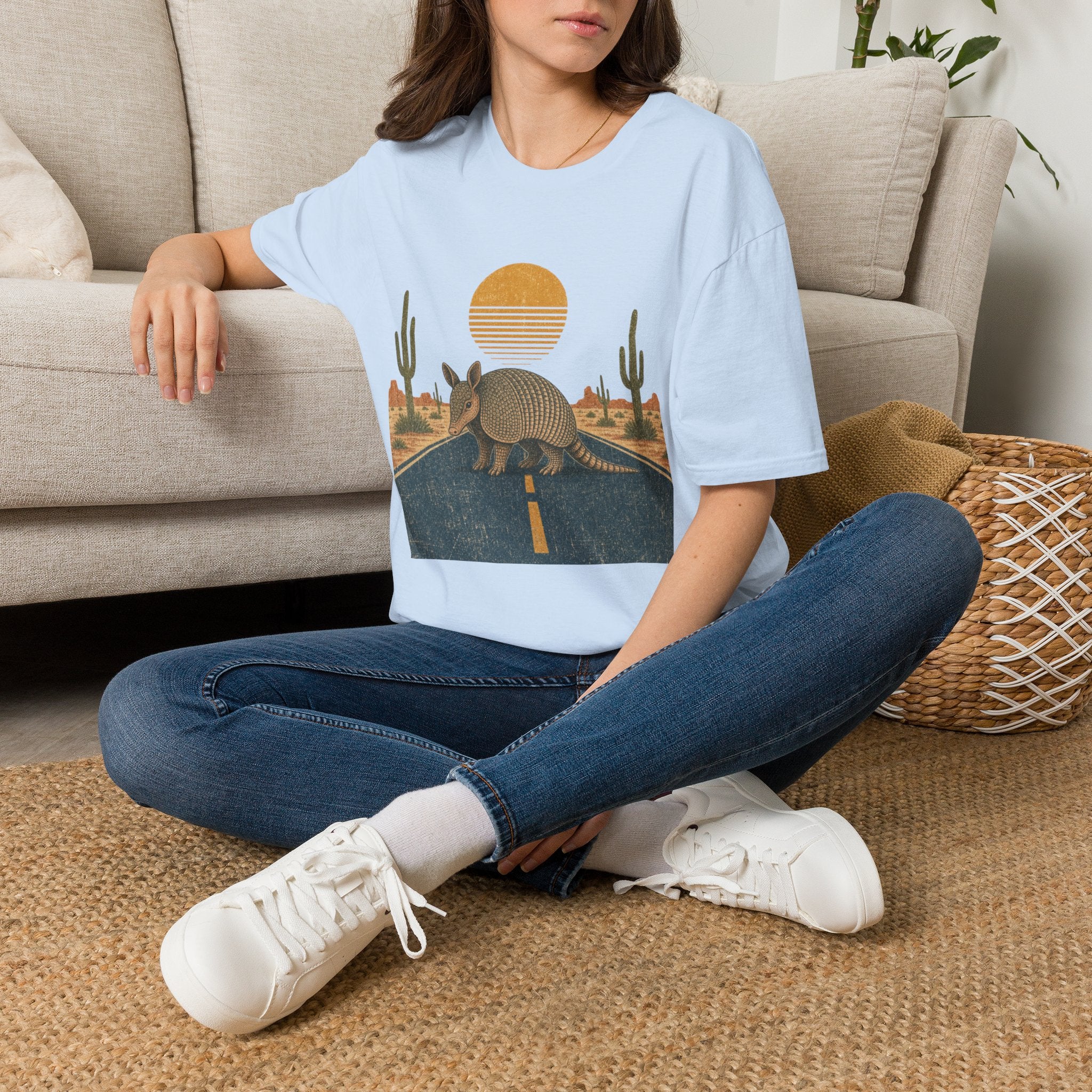 Armadillo Desert Sunset T-Shirt — Retro Cactus Road Wildlife Tee