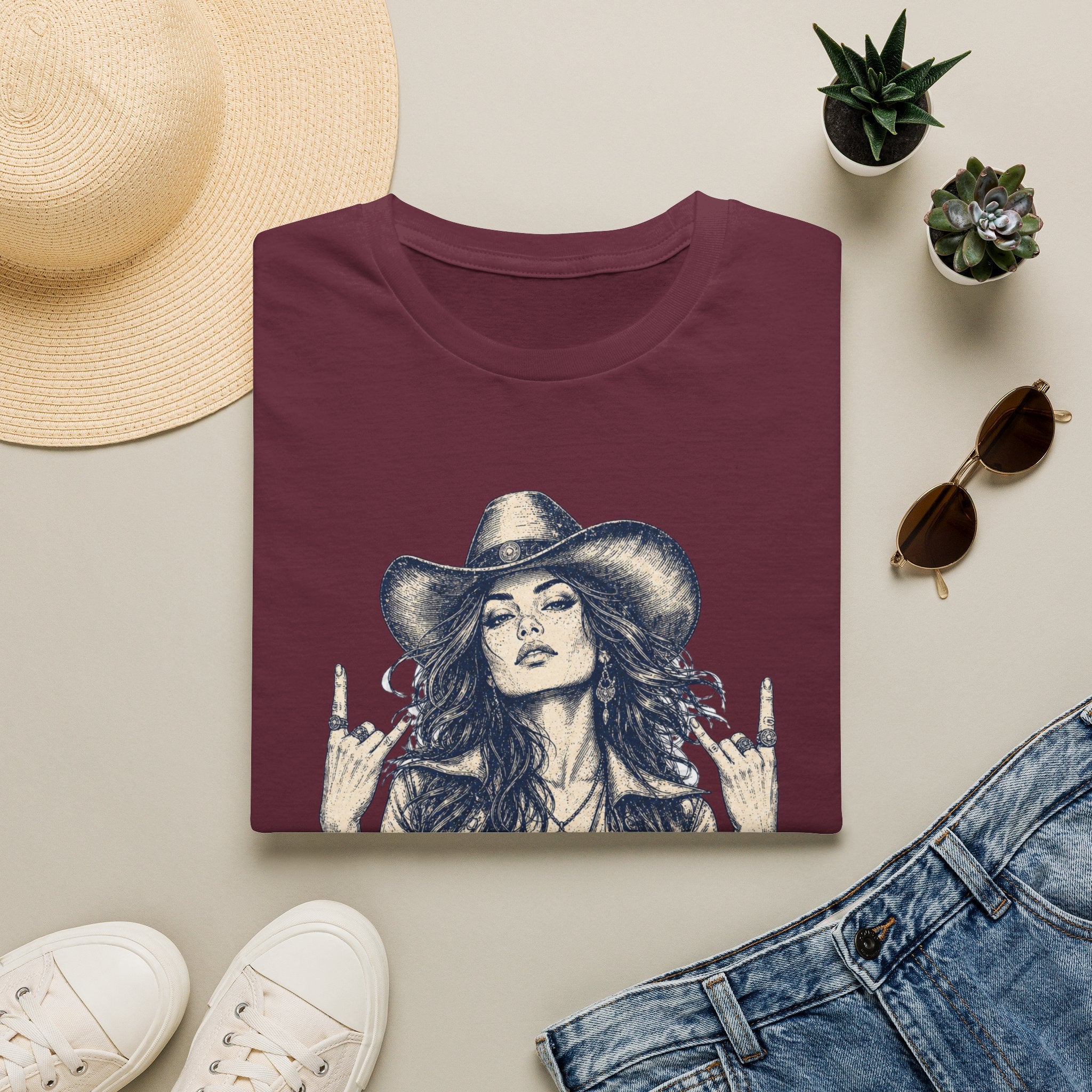 Cowgirl Rock Graphic Tee — Retro Rebel Woman Illustration
