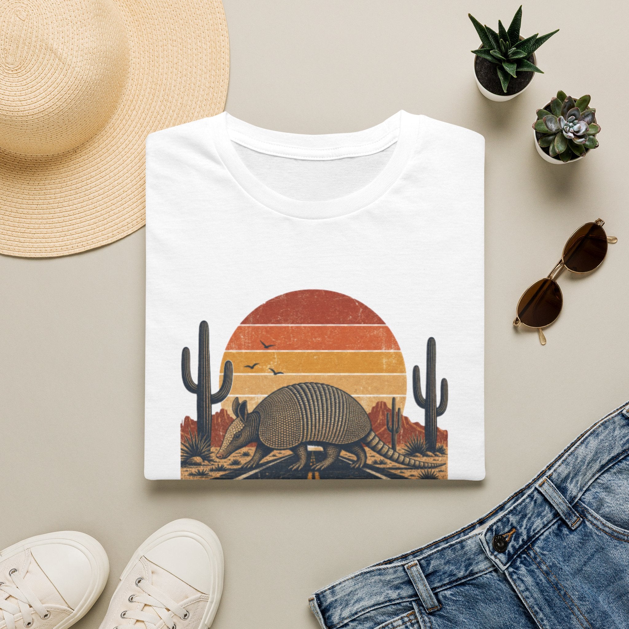 Texas Traveler Armadillo T-Shirt — Retro Desert Sunset Graphic
