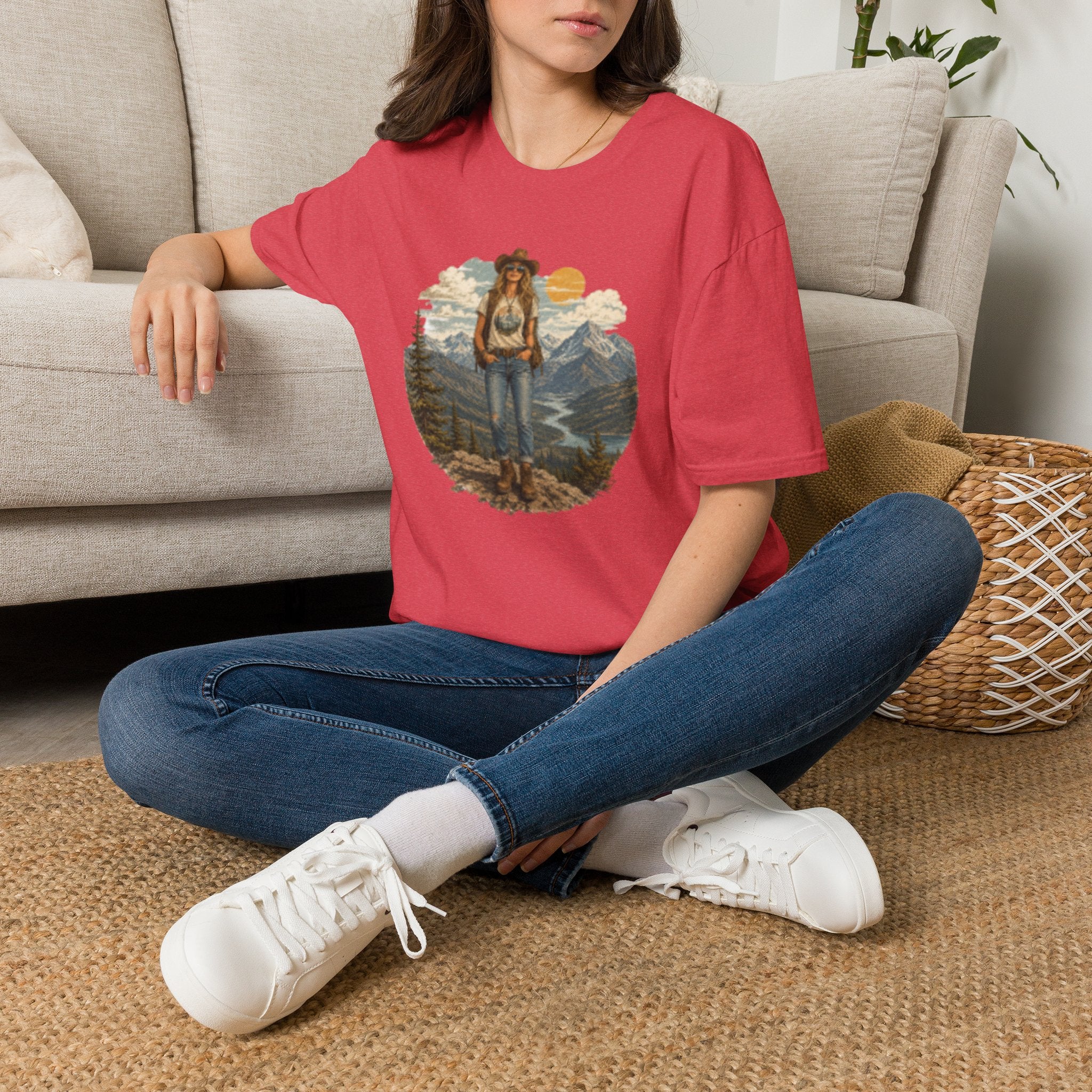 Cowgirl Mountain Adventure T‑Shirt — Vintage Sunset Hiker Graphic