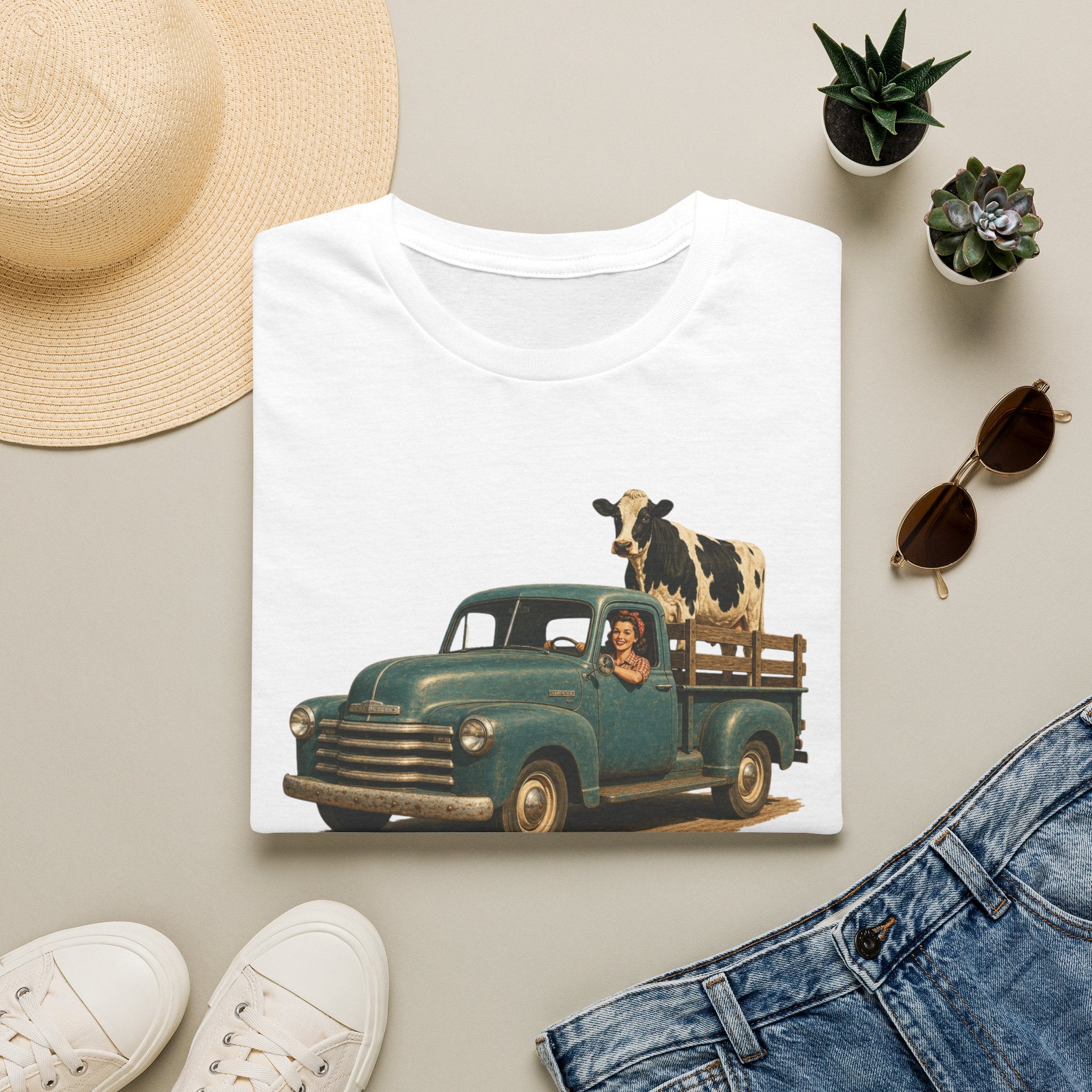 Vintage Farm Truck T-Shirt – Retro Pickup with Cow Graphic