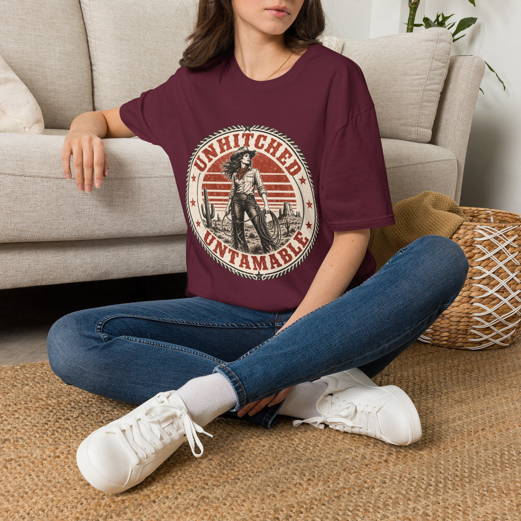 Unhitched Vintage Cowgirl T‑Shirt – “Unhitched & Untamable” Retro Western Graphic Tee