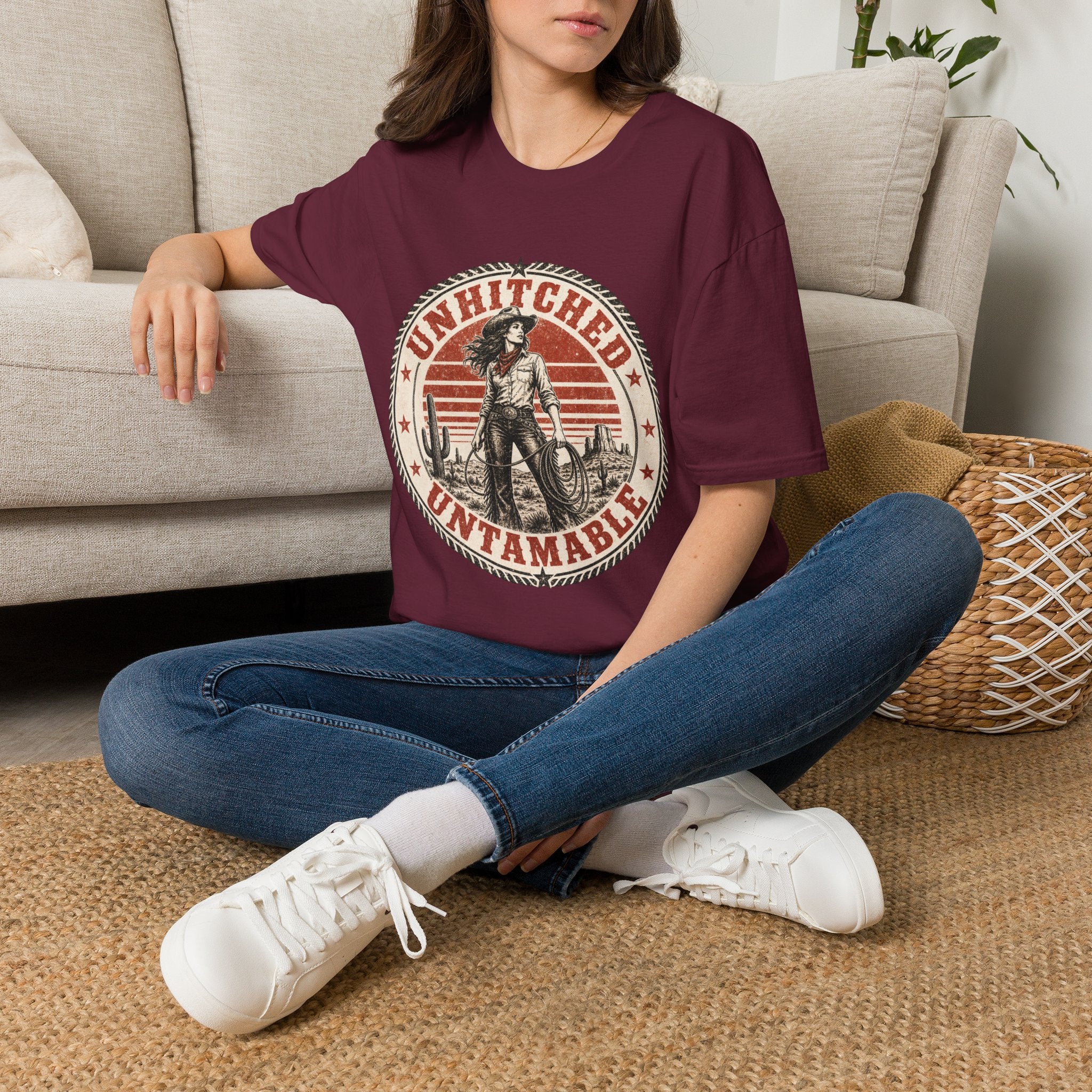 Unhitched Vintage Cowgirl T‑Shirt – “Unhitched & Untamable” Retro Western Graphic Tee
