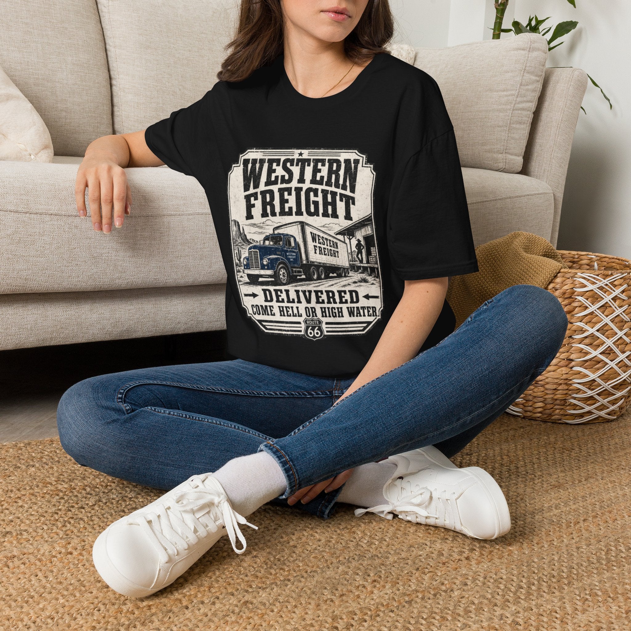 Western Freight Vintage Truck T-Shirt — 'Delivered Rain or Shine' Route 66 Tee