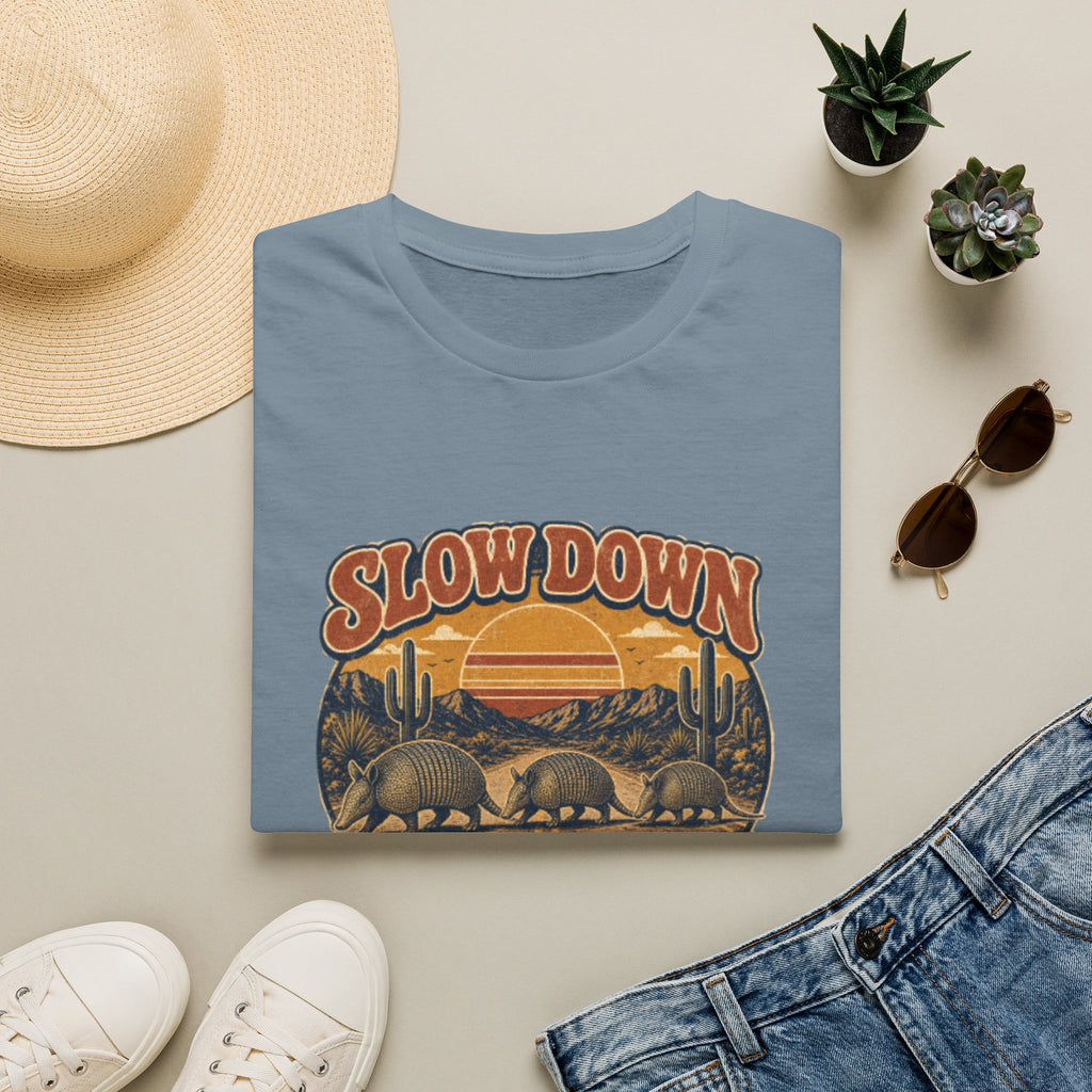 Slow Down Armadillo Crossing T-Shirt — Retro Desert Wildlife Graphic Tee