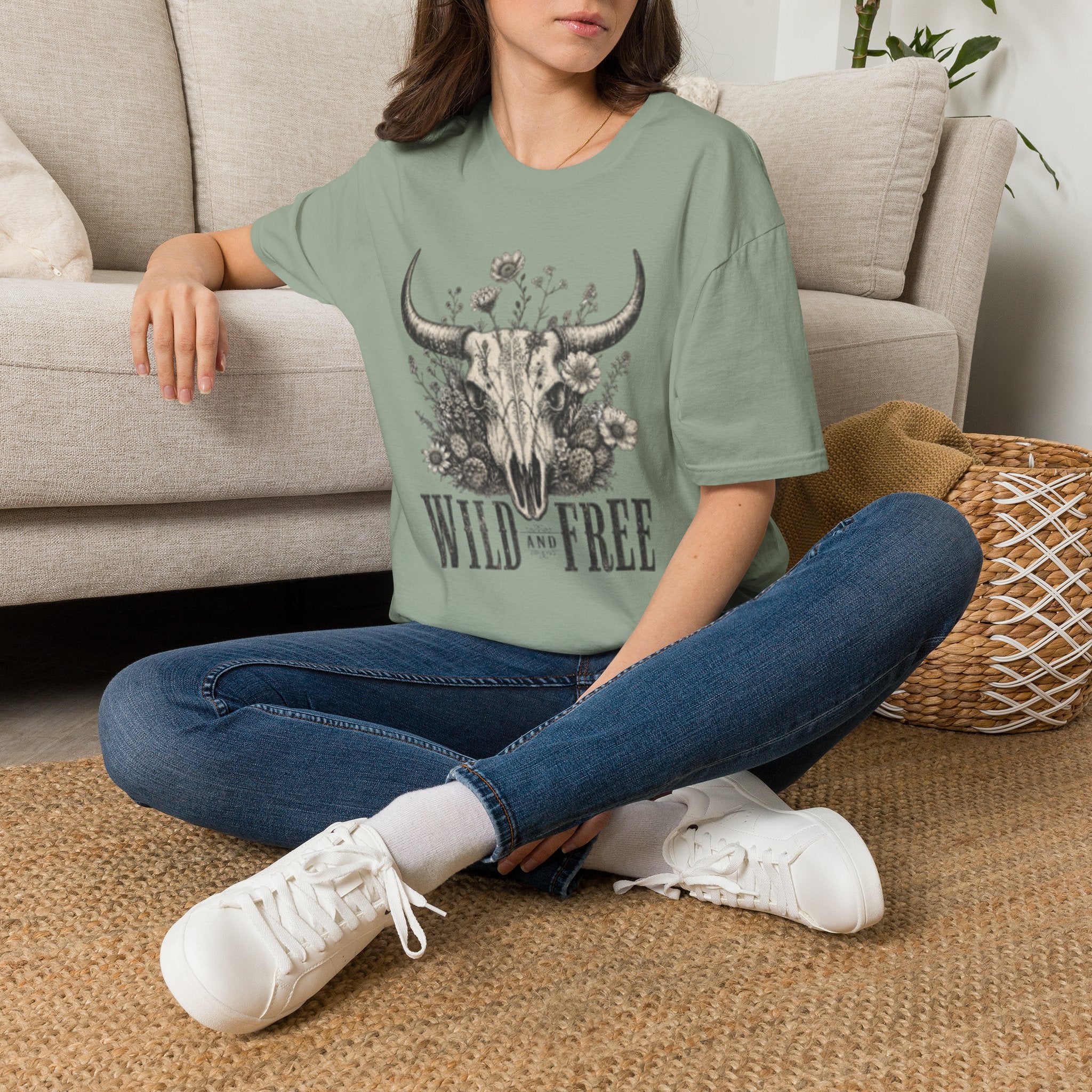 Bull Skull Floral T-Shirt — "Wild and Free" Boho Western Tee