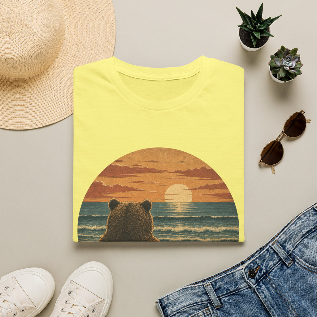 Bear Watching Sunset T‑Shirt — Retro Ocean Sunset Bear Graphic Tee