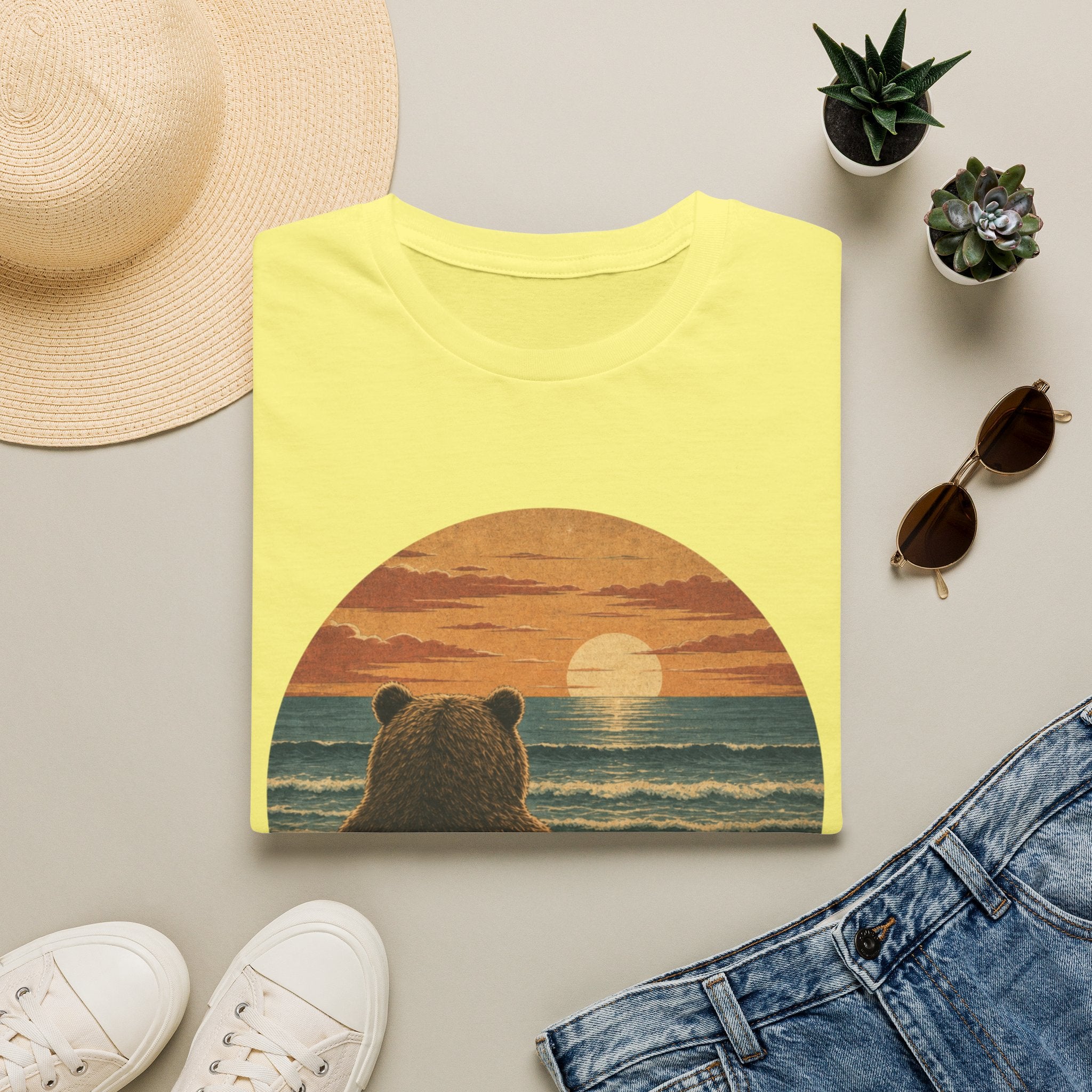 Bear Watching Sunset T‑Shirt — Retro Ocean Sunset Bear Graphic Tee