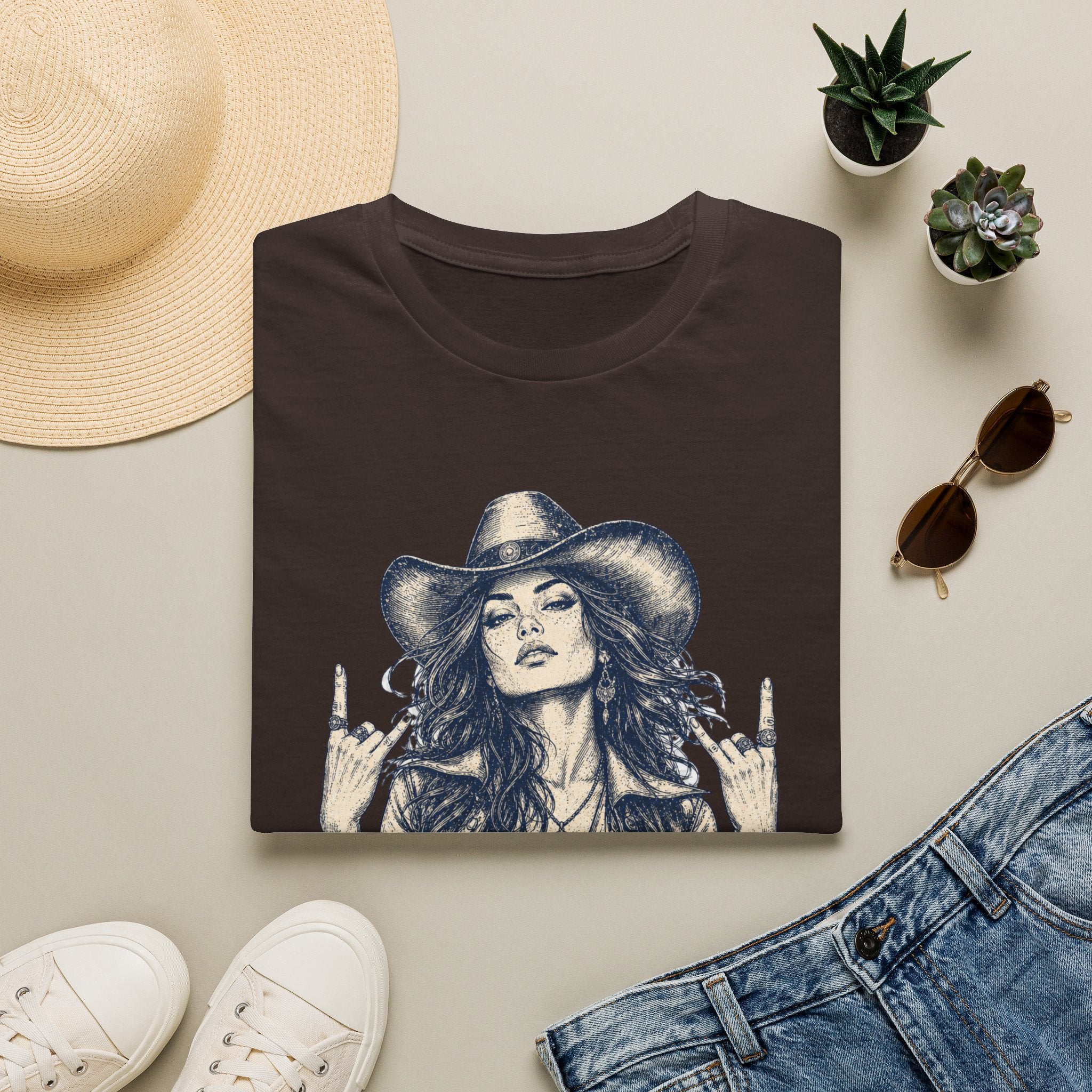 Cowgirl Rock Graphic Tee — Retro Rebel Woman Illustration