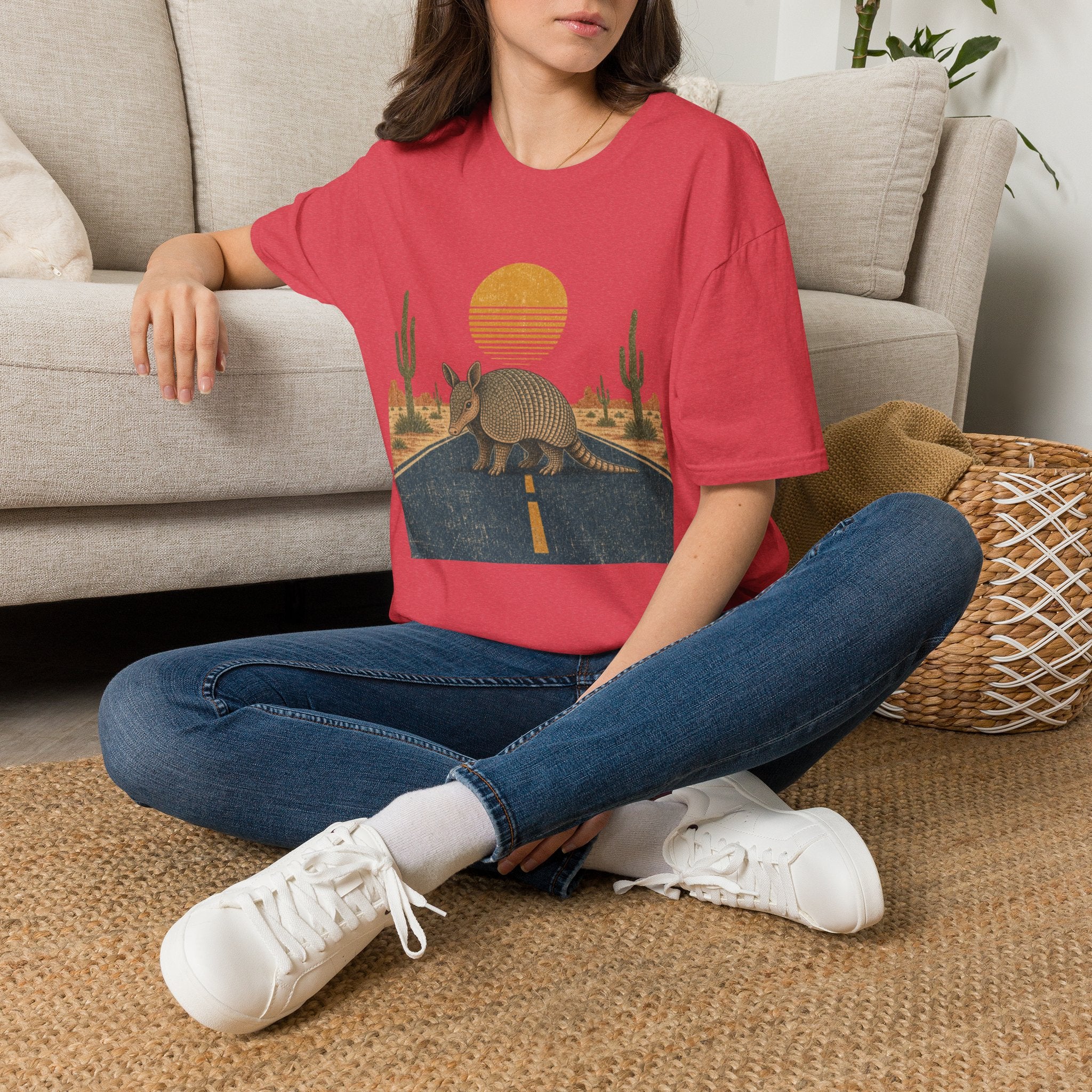 Armadillo Desert Sunset T-Shirt — Retro Cactus Road Wildlife Tee