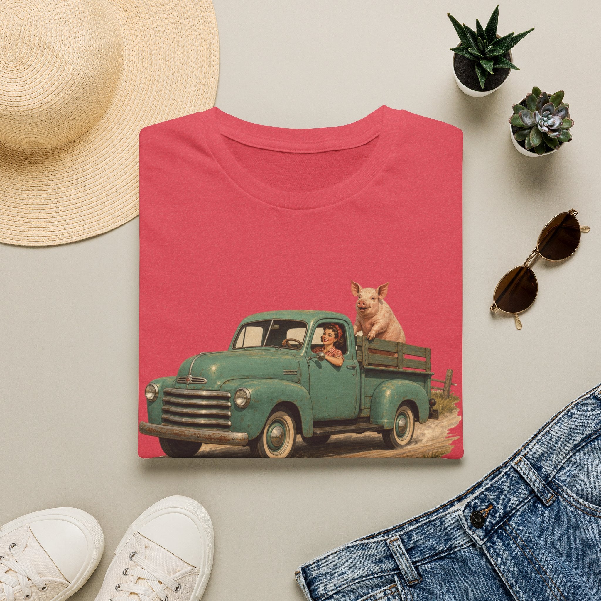 Classic Farm Truck T‑Shirt — Vintage Green Pickup with Pig Graphic