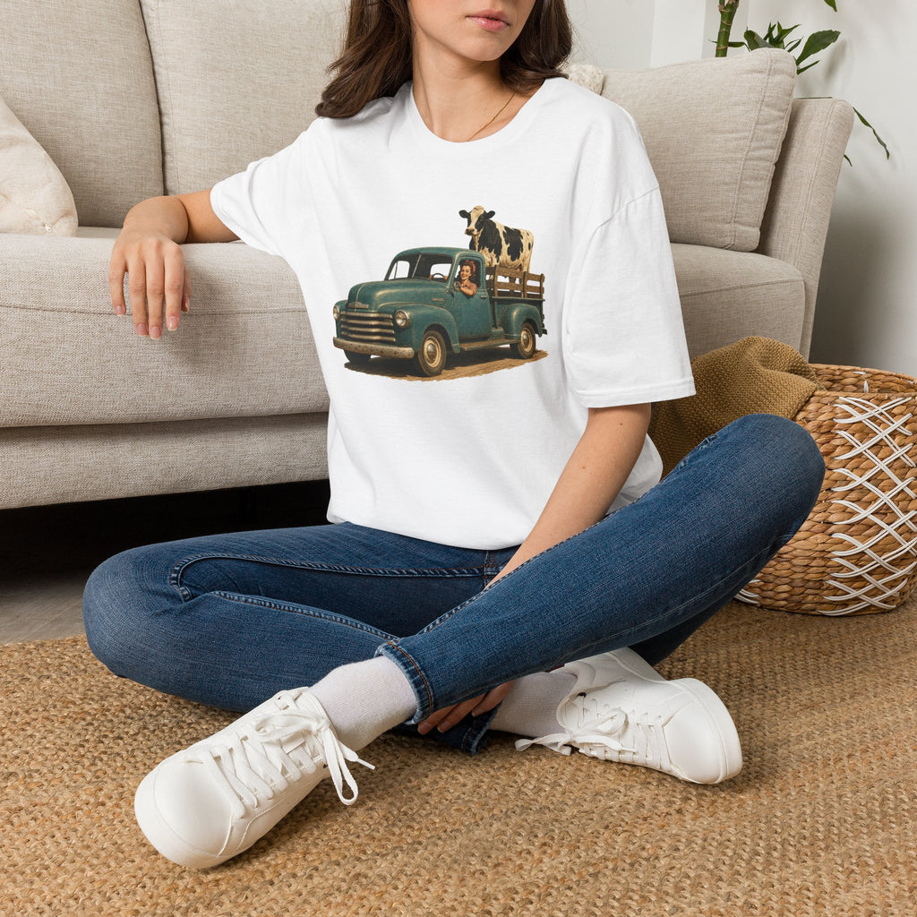 Vintage Farm Truck T-Shirt – Retro Pickup with Cow Graphic