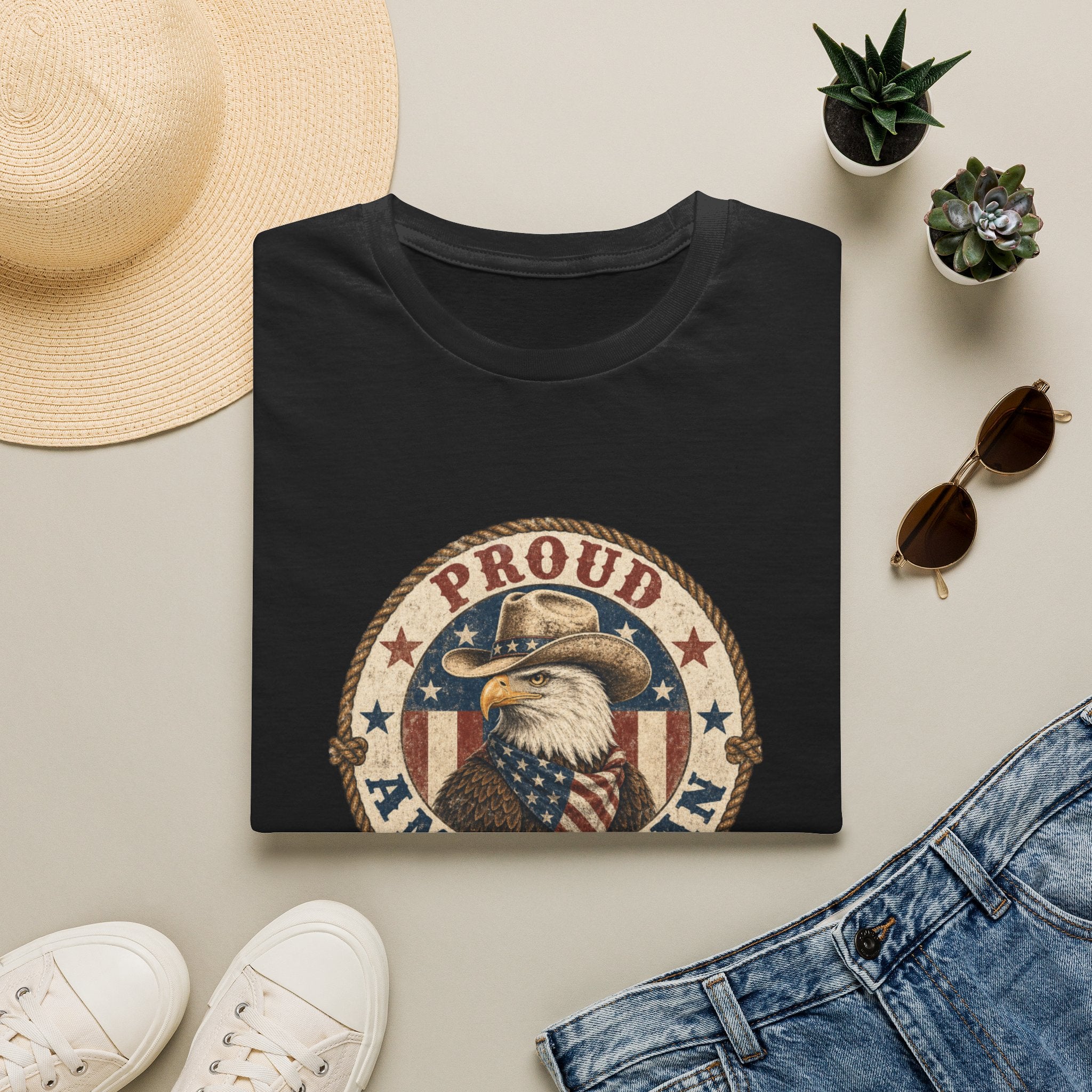 Proud American Cowgirl T-Shirt — Vintage Eagle & Flag Graphic