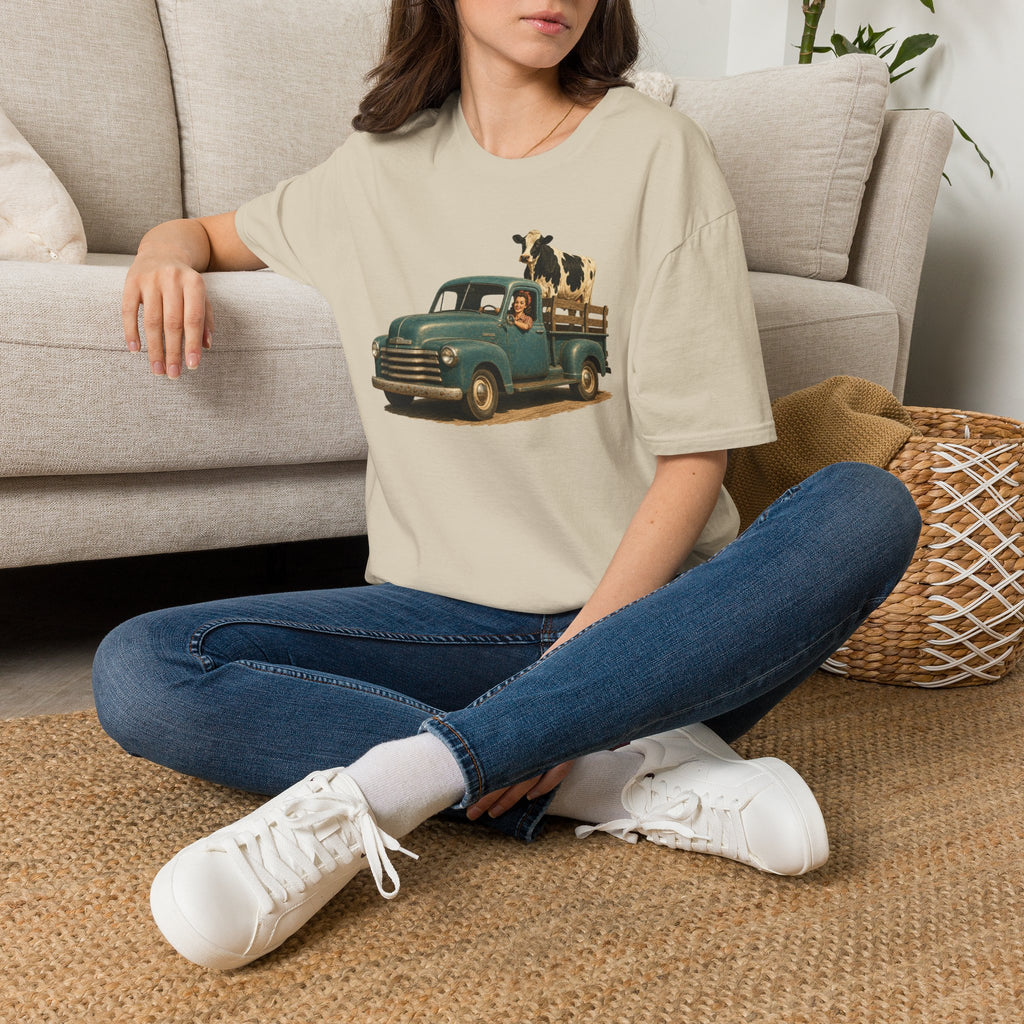 Vintage Farm Truck T-Shirt – Retro Pickup with Cow Graphic