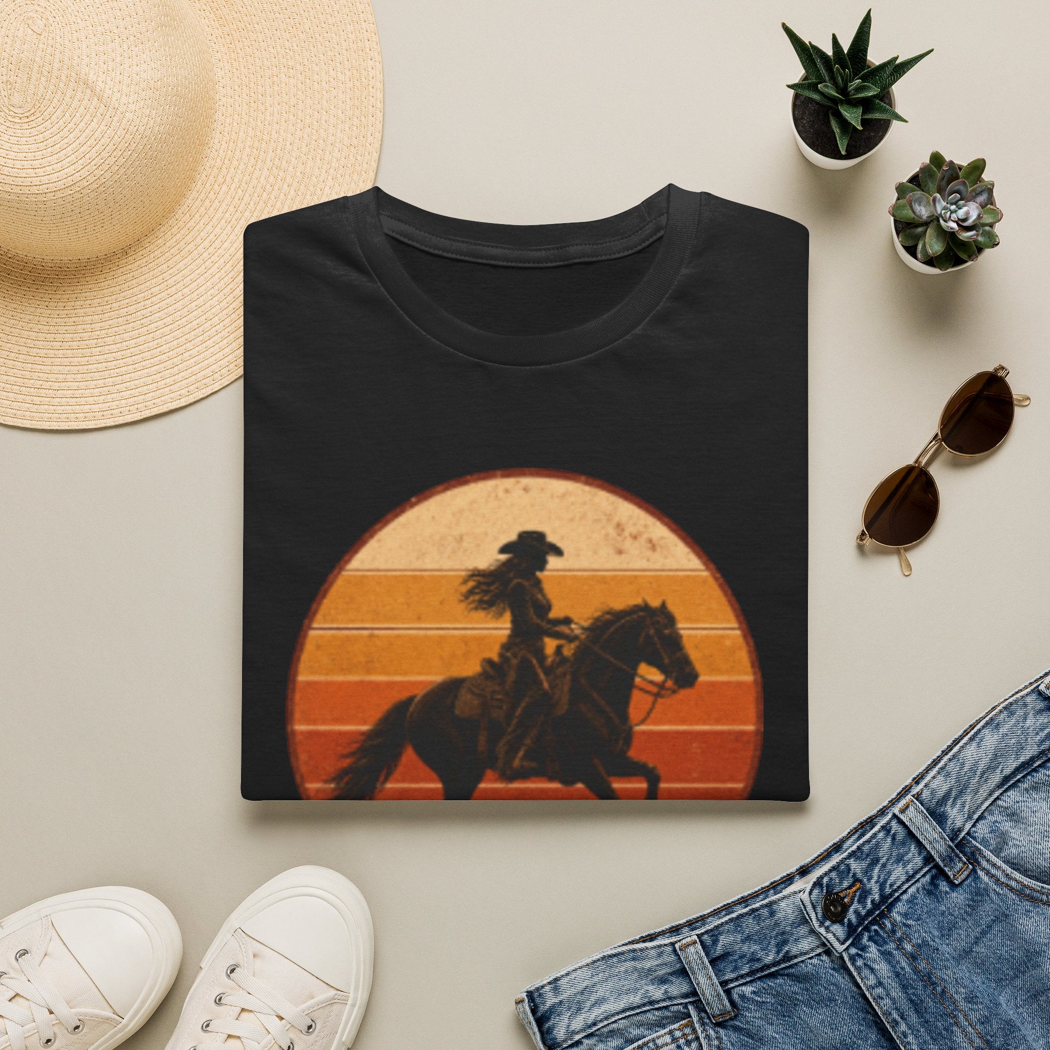 Cowgirl Silhouette T-Shirt — Retro Sunset Horse Riding Tee