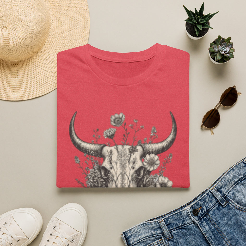 Bull Skull Floral T-Shirt — "Wild and Free" Boho Western Tee