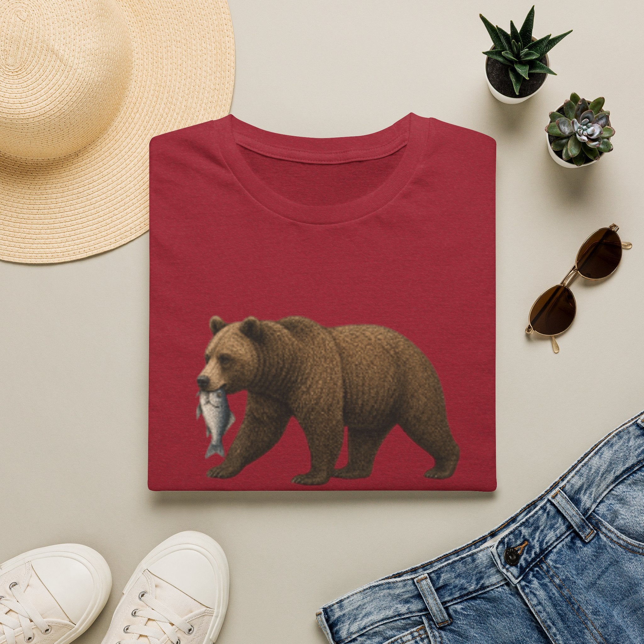 Bear with Fish T-Shirt — Rustic Wildlife Graphic Tee for Nature Lovers