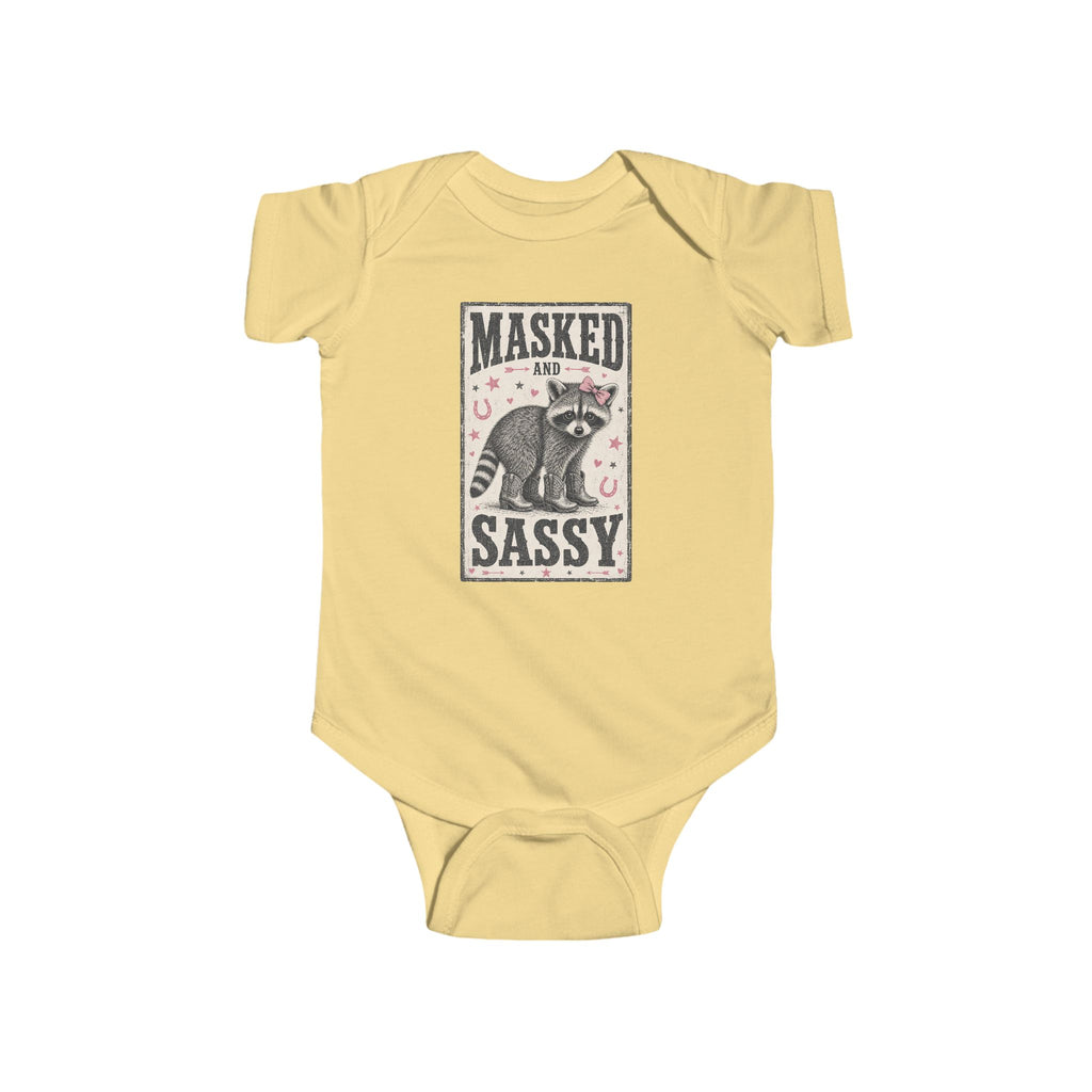 Infant Bodysuit — "Masked Not Sassy" Raccoon Baby Onesie, Cute Woodland Animal Gift
