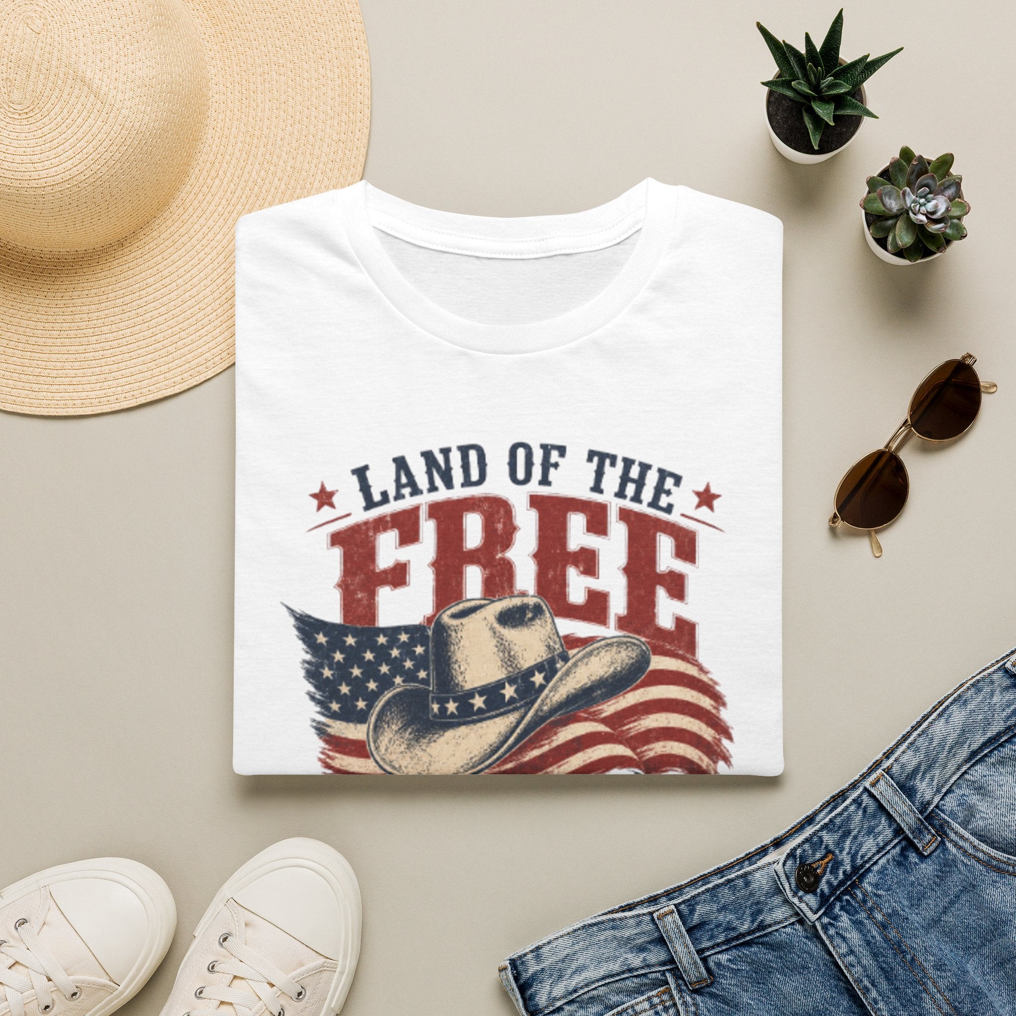 Land of the Free Cowboy Flag T-Shirt — "Land of the Free, Home of the Brave" Patriotic Tee