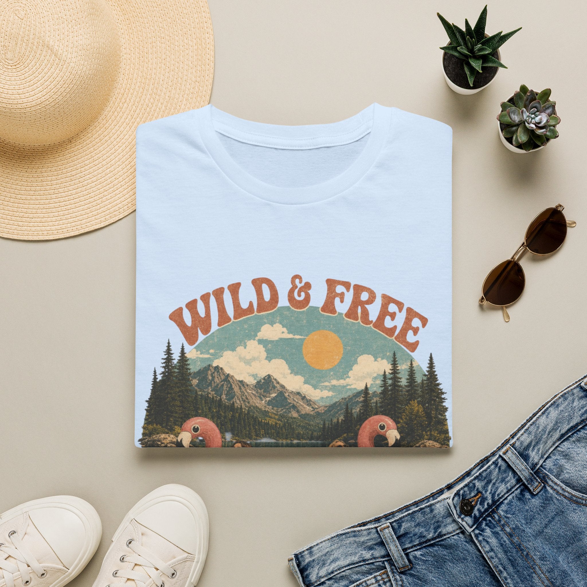 Wild & Free Vintage Nature T-Shirt — Flamingo Mountain Scenic Tee