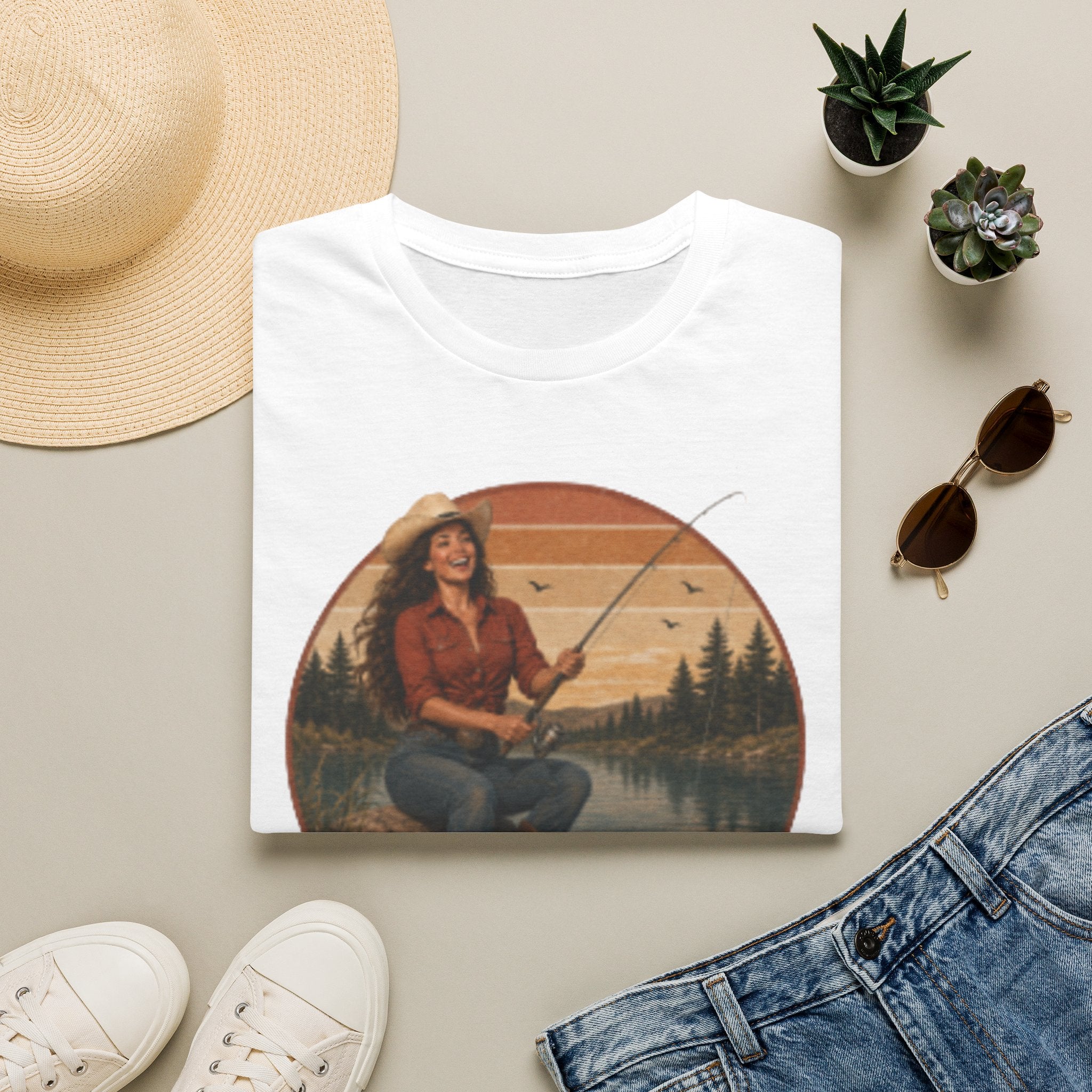 Fishing Graphic T‑Shirt — "Hook Em" Retro Outdoorswoman Tee